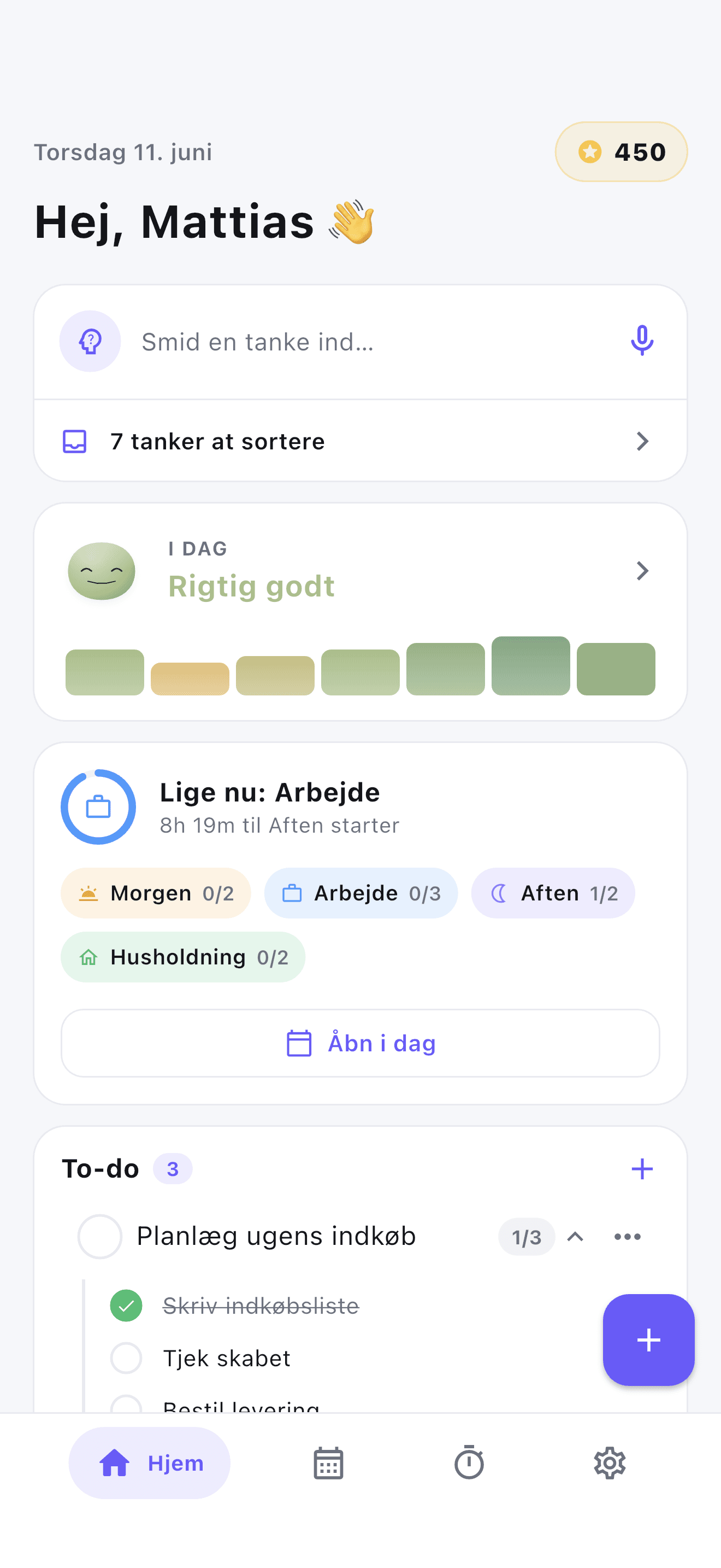 Stedo-hjemmeskærm for voksne med ADHD – dagens rutiner, humør og point.