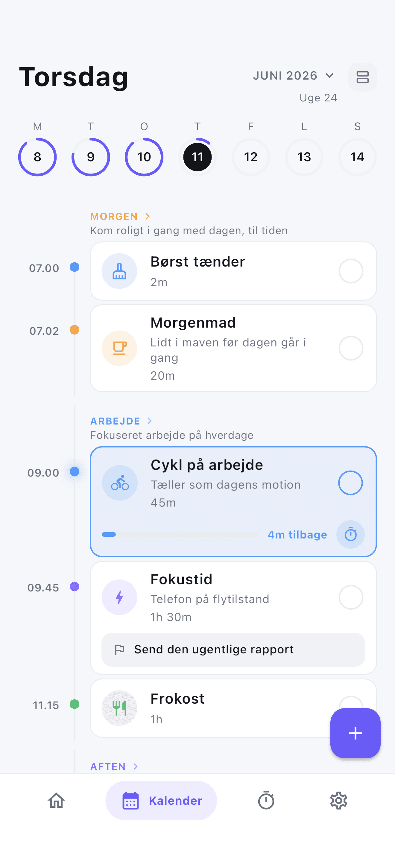 Stedo dagslinje med farvekodede, tidsinddelte rutiner for en roligere dag.