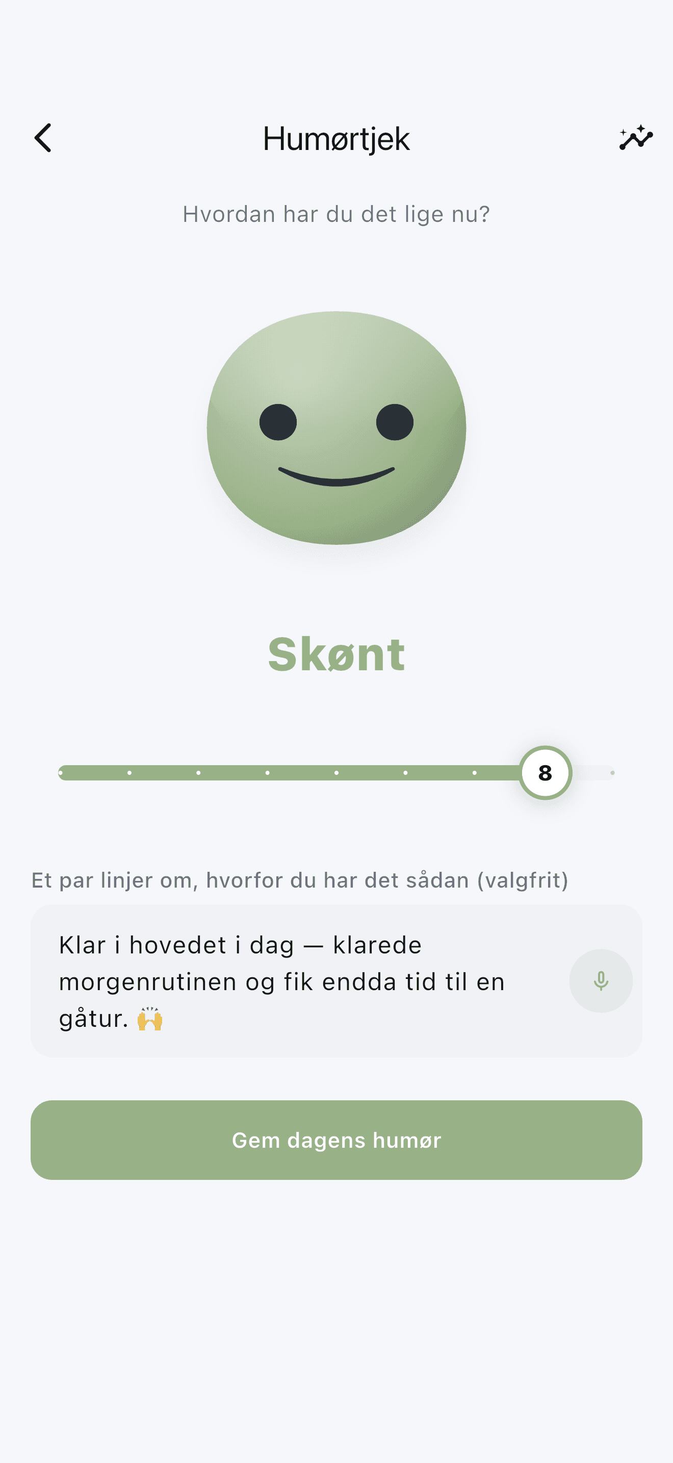 Stedo humørtjek med en venlig maskot og en enkel skala fra 1 til 9.