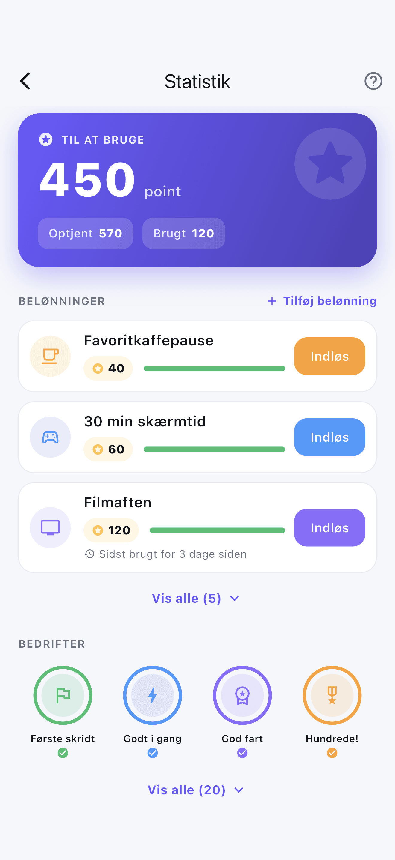 Stedo fremskridtsskærm med point, belønninger til indløsning og præstationsmærker.