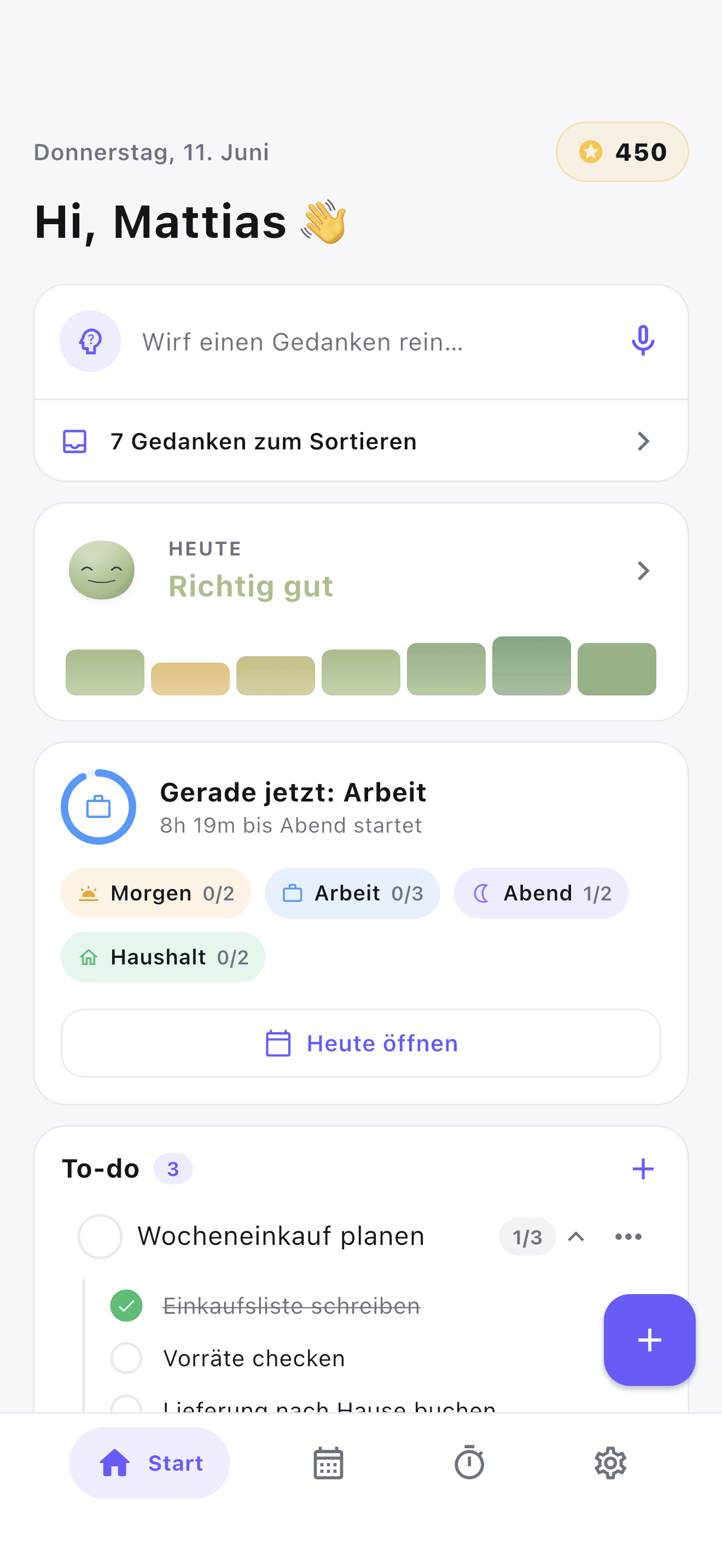 Stedo Startbildschirm für Erwachsene mit ADHS – heutige Routinen, Stimmung und Punkte.