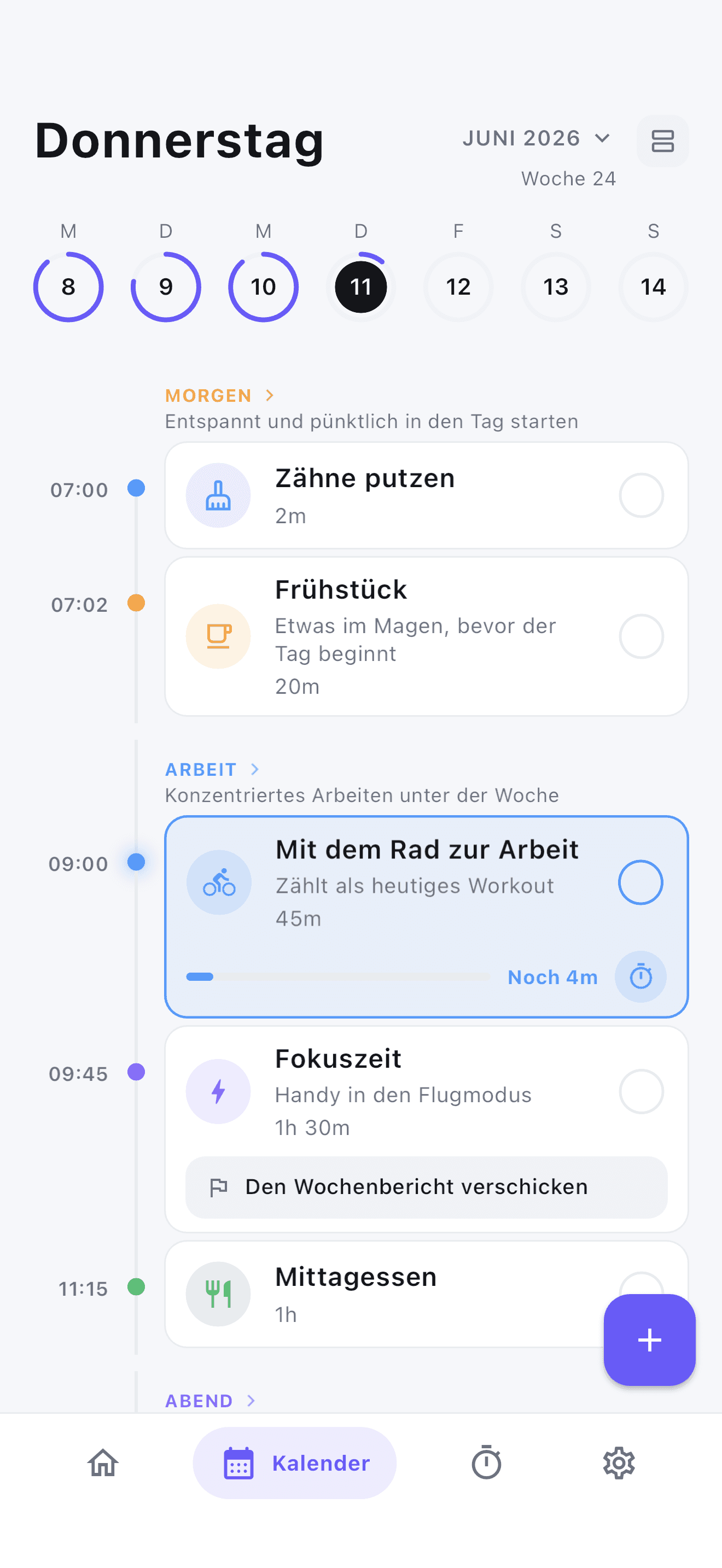Stedo Tagesverlauf mit farbcodierten, zeitlich geplanten Routinen für einen ruhigeren Tag.