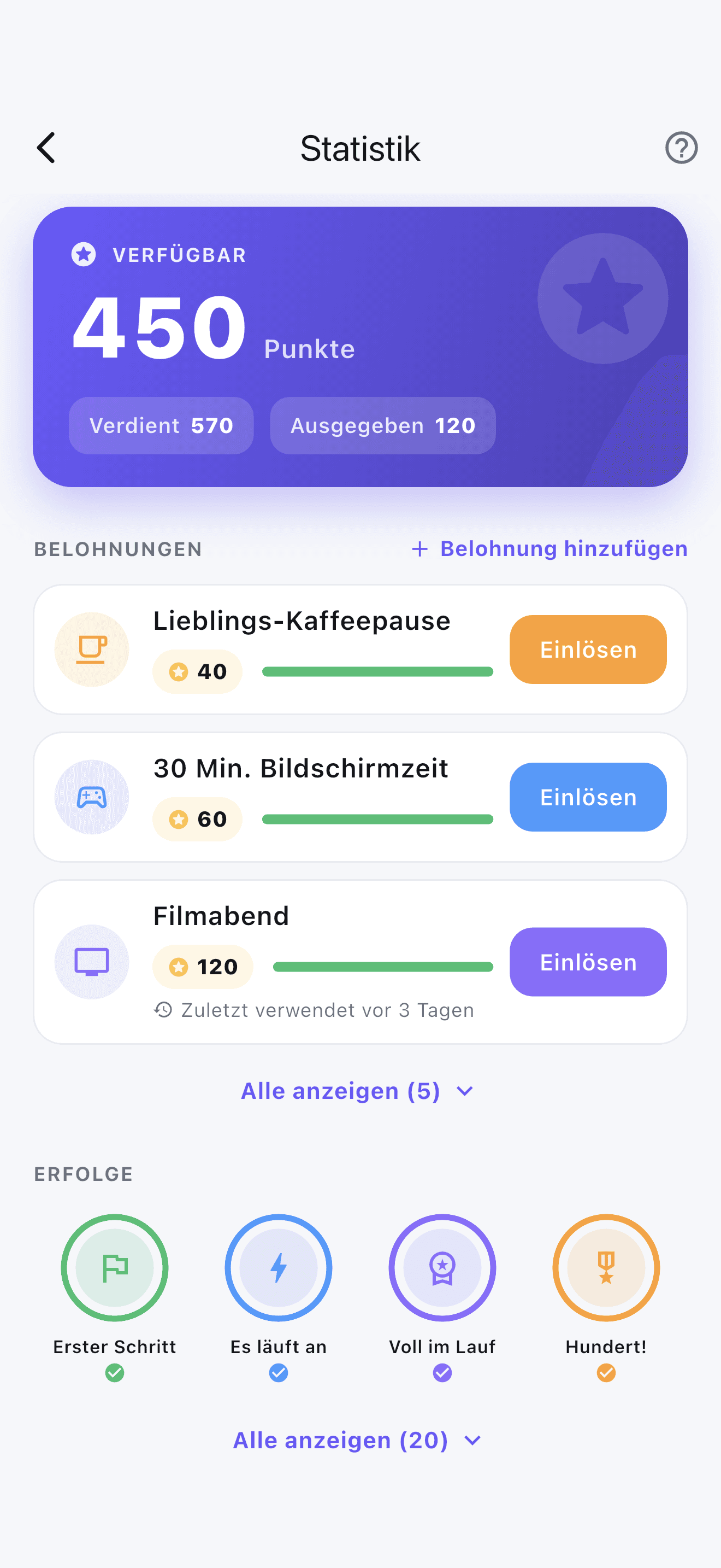Stedo Fortschrittsseite mit Punkten, einlösbaren Belohnungen und Erfolgsabzeichen.