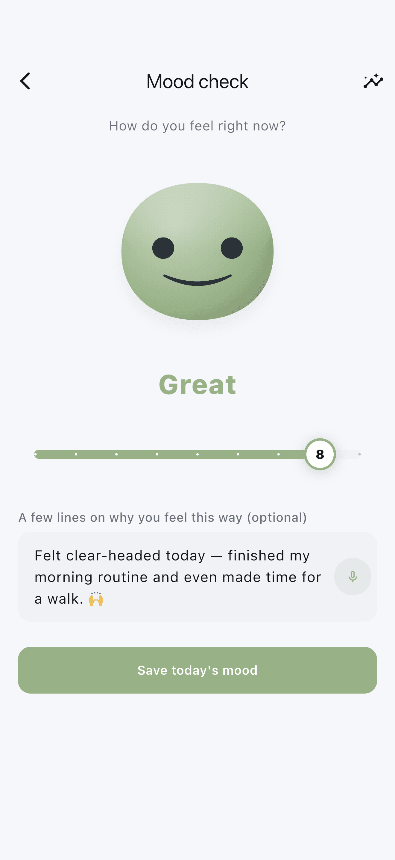 Stedo mood check-in with a friendly mascot and a simple 1–9 scale.