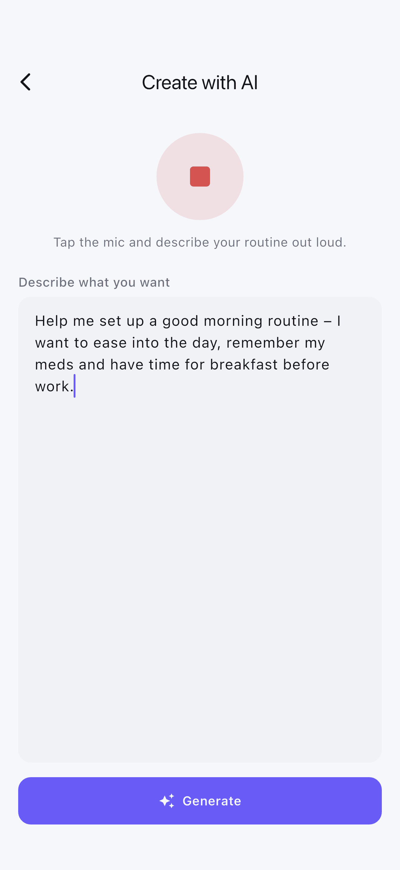 Create routines by voice in Stedo - describe your day and let AI build it.