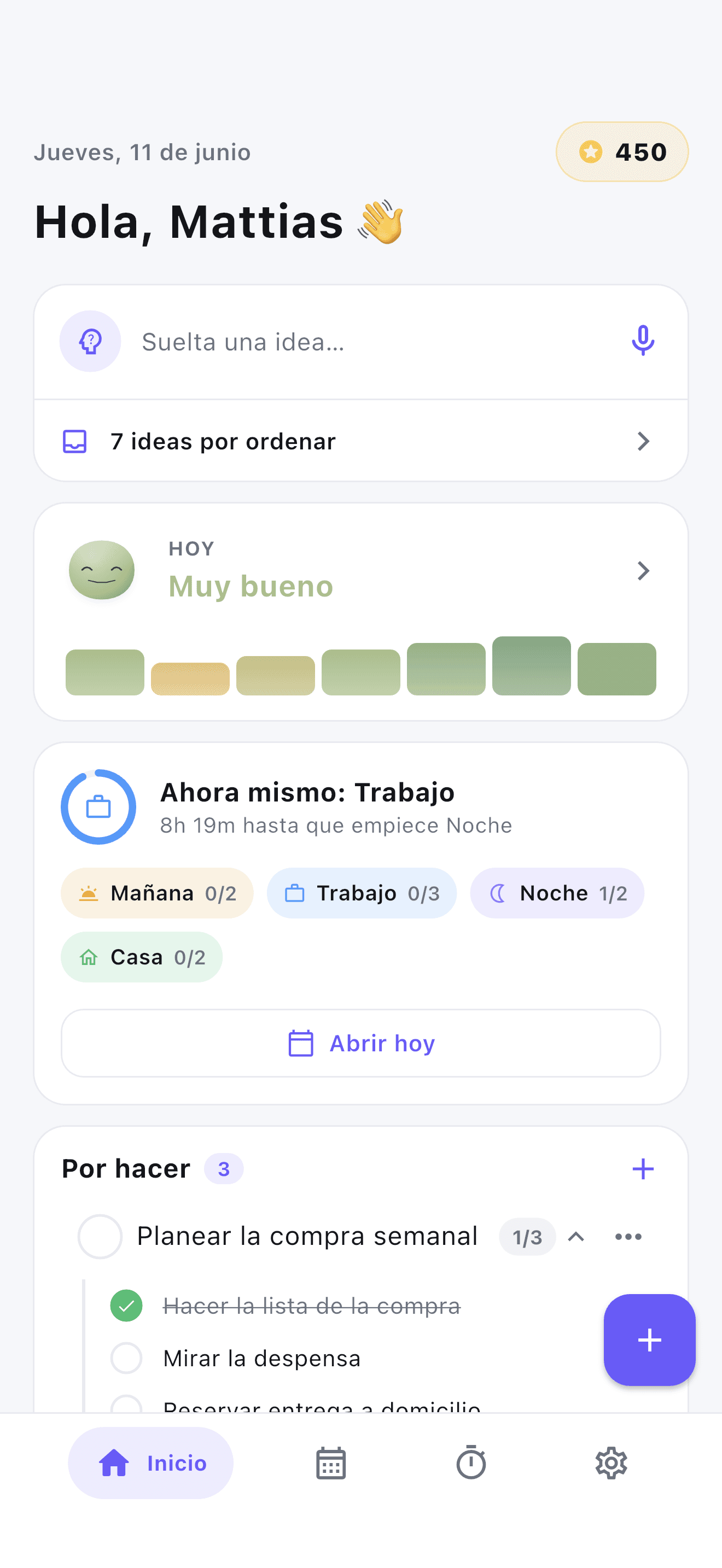 Pantalla de inicio de Stedo para adultos con TDAH: rutinas del día, ánimo y puntos.