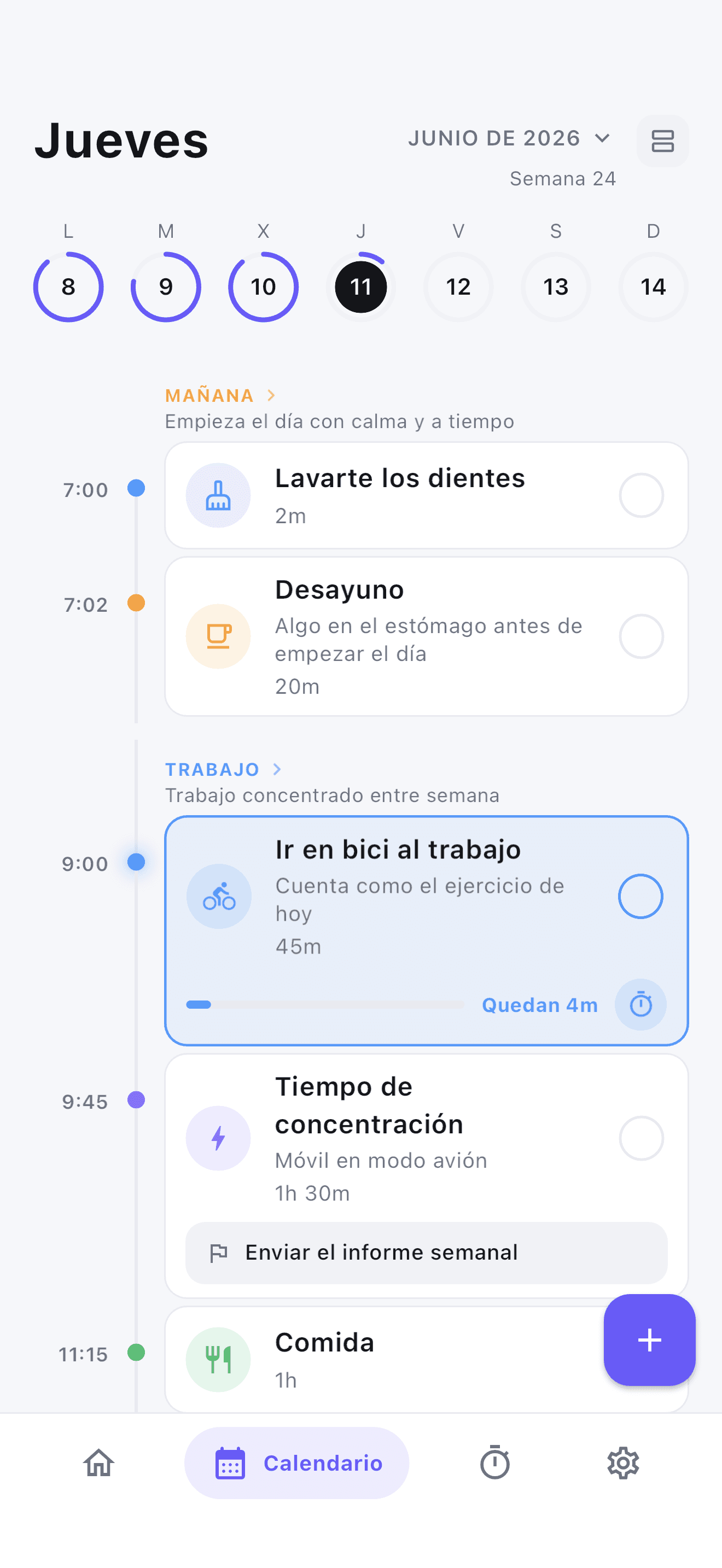 Cronología diaria de Stedo con rutinas por bloques de tiempo y código de color.