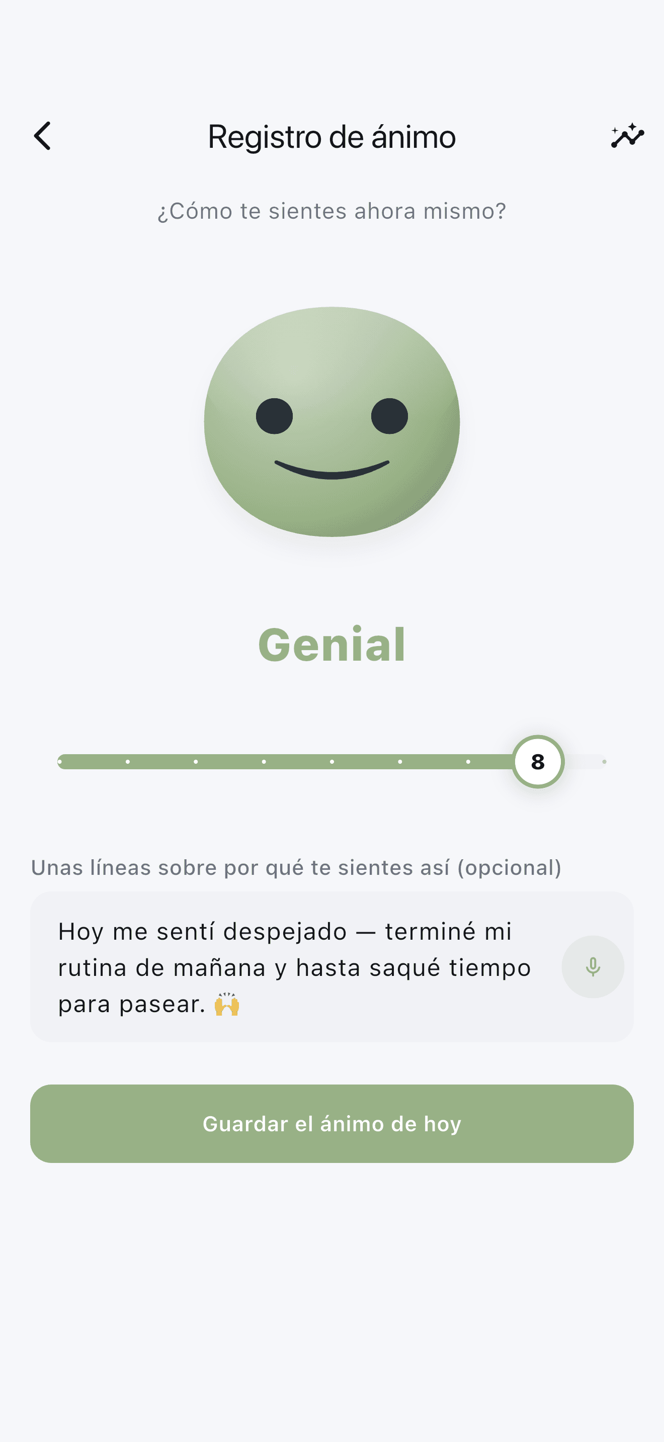 Registro de ánimo de Stedo con una mascota amable y una escala sencilla del 1 al 9.