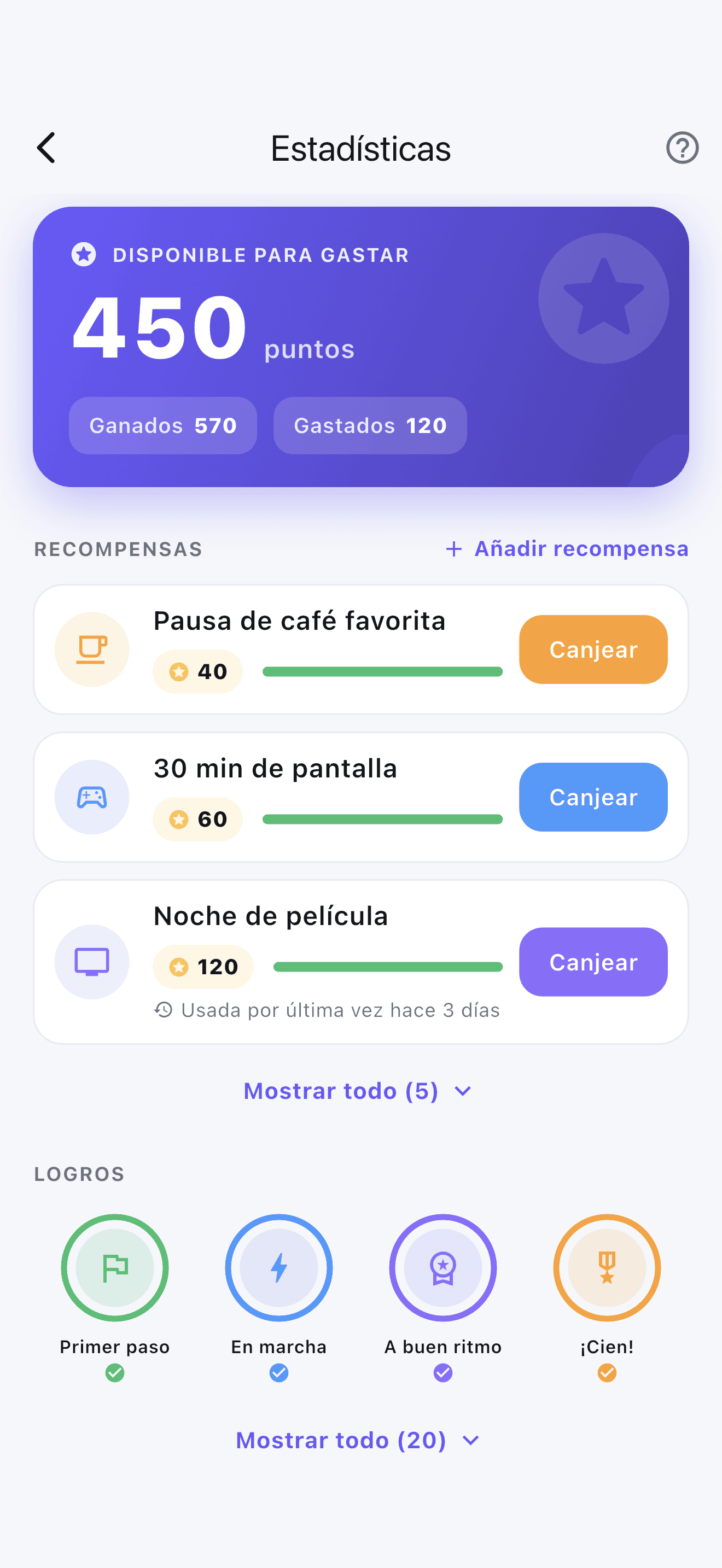 Pantalla de progreso de Stedo con puntos, recompensas canjeables e insignias de logros.