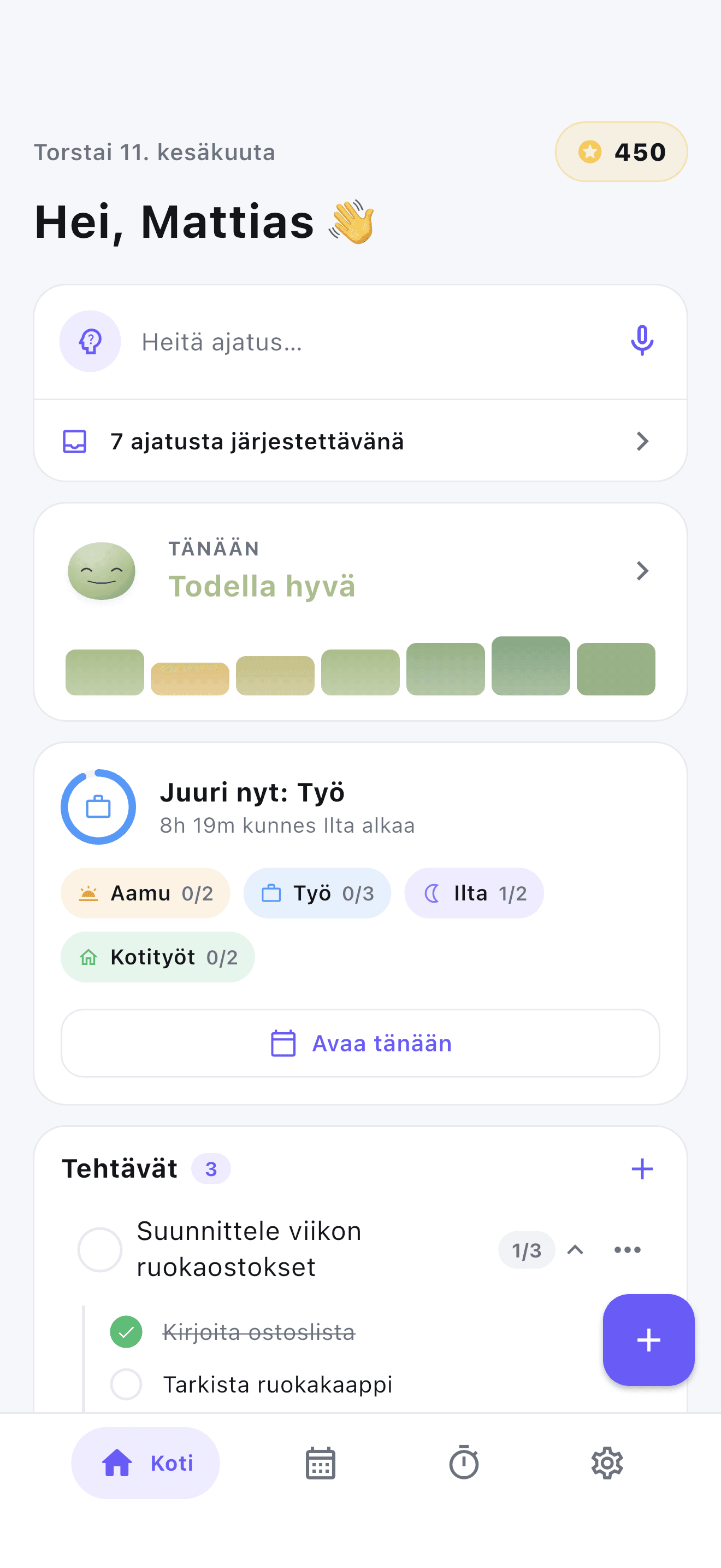 Stedon aloitusnäyttö ADHD-aikuisille – päivän rutiinit, mieliala ja pisteet.