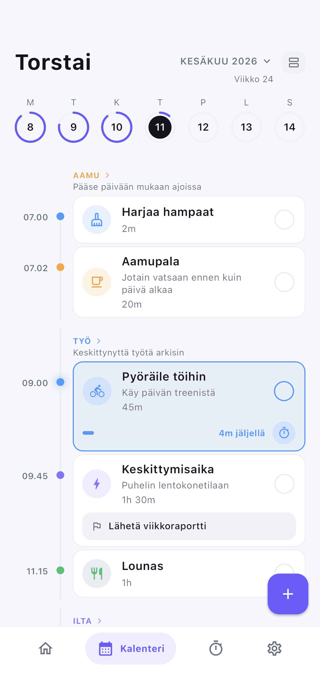 Stedon päivänäkymä värikoodatuilla, aikataulutetuilla rutiineilla rauhallisempaan päivään.
