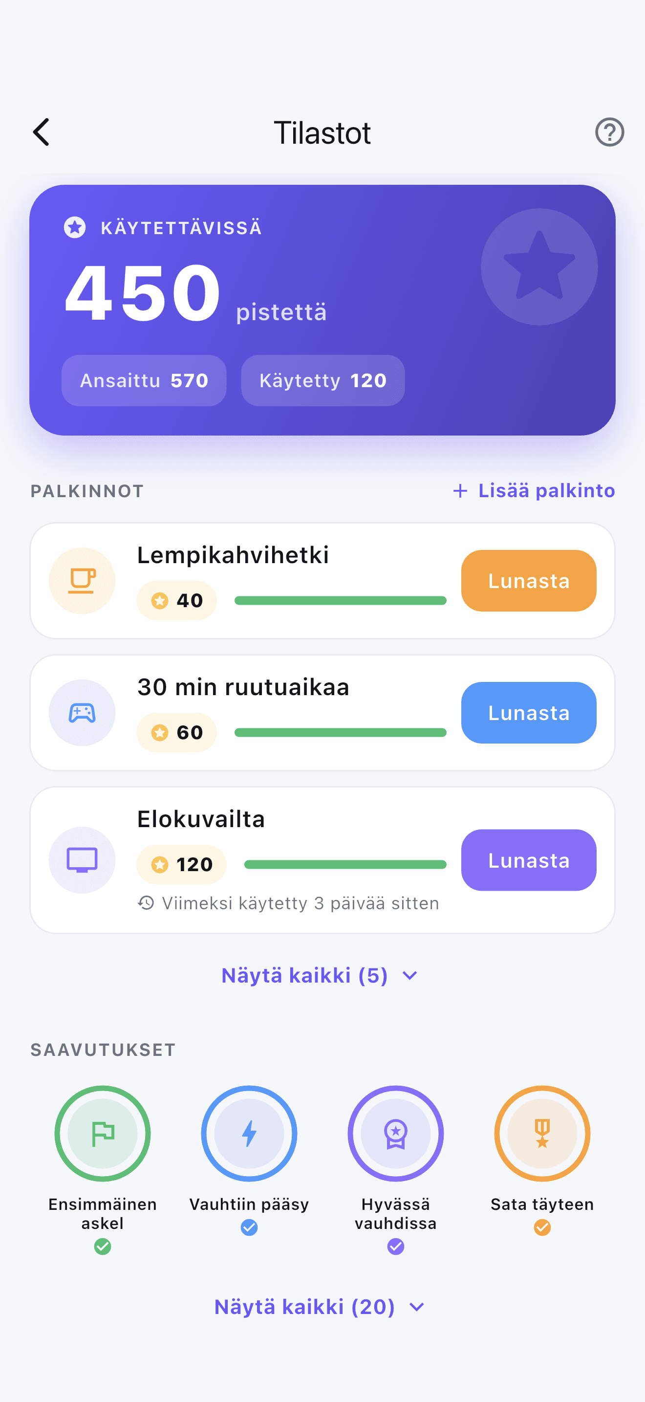 Stedon edistymisnäyttö pisteineen, lunastettavine palkintoineen ja saavutusmerkkeineen.