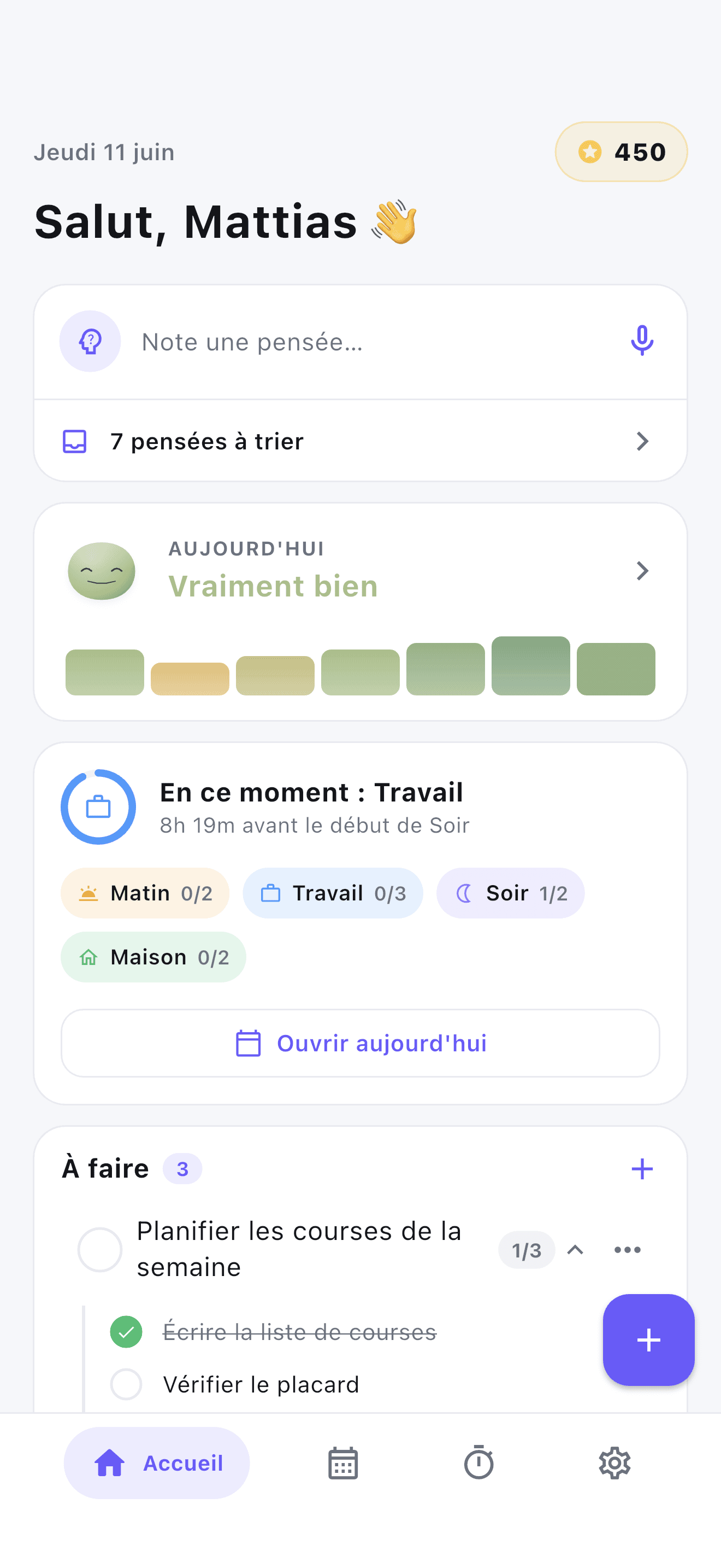 Écran d'accueil de Stedo pour adultes TDAH : routines du jour, humeur et points.