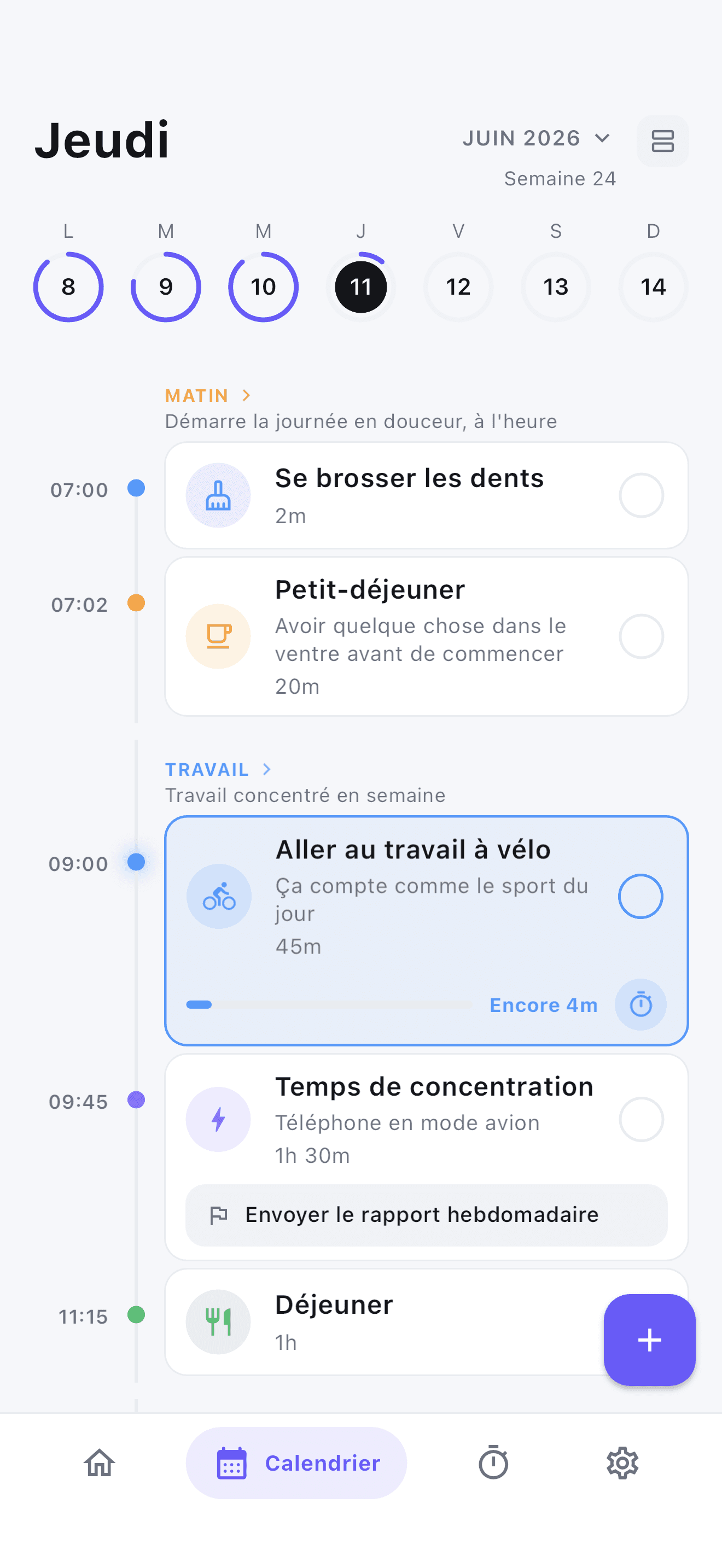 Frise quotidienne de Stedo avec des routines par blocs horaires et codes couleur.