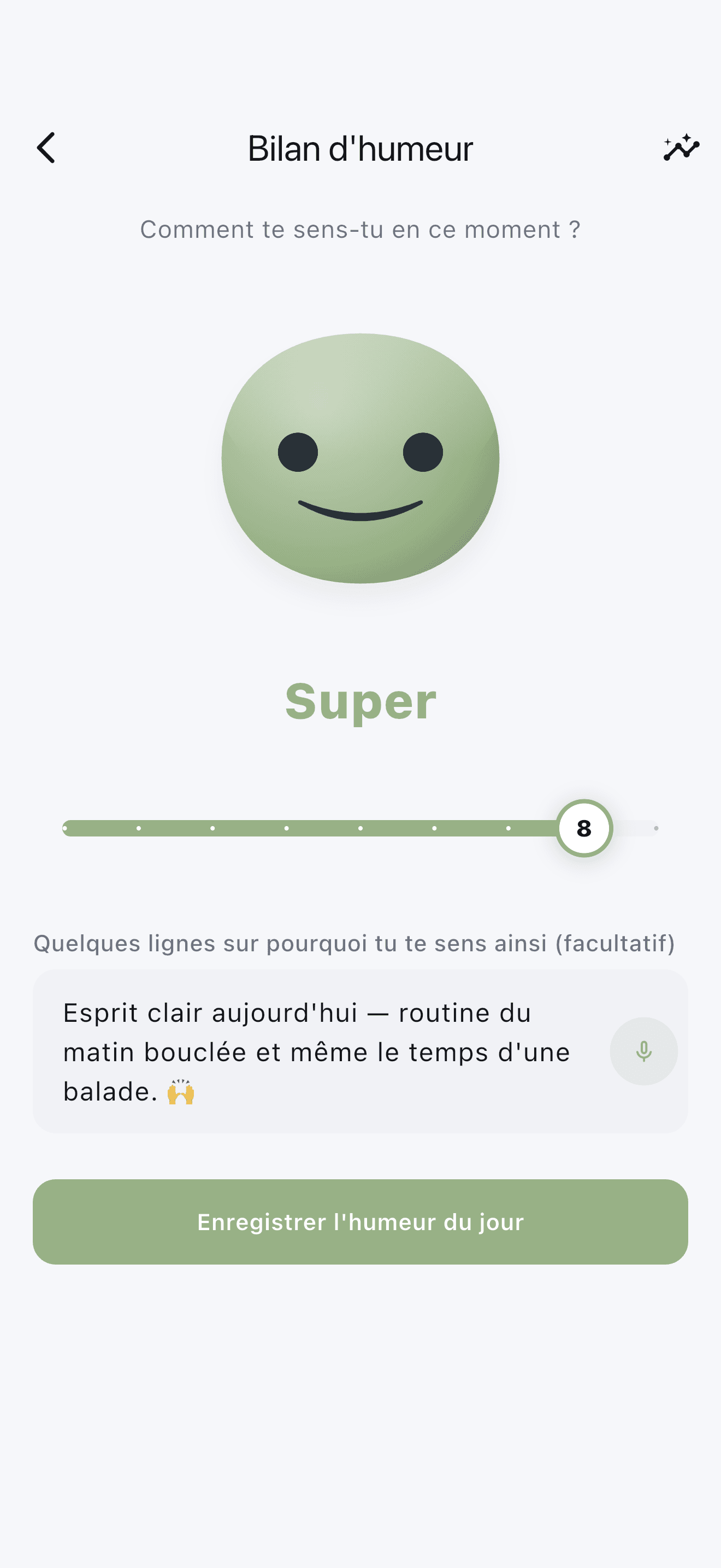 Bilan d'humeur Stedo avec une mascotte sympathique et une échelle simple de 1 à 9.