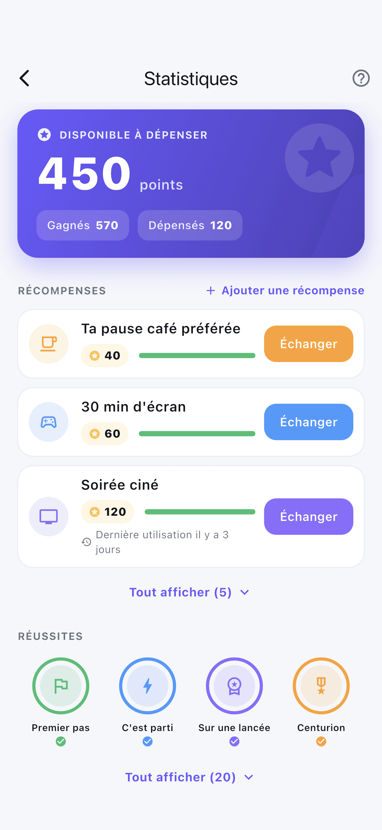 Écran de progression Stedo avec points, récompenses à échanger et badges de réussite.