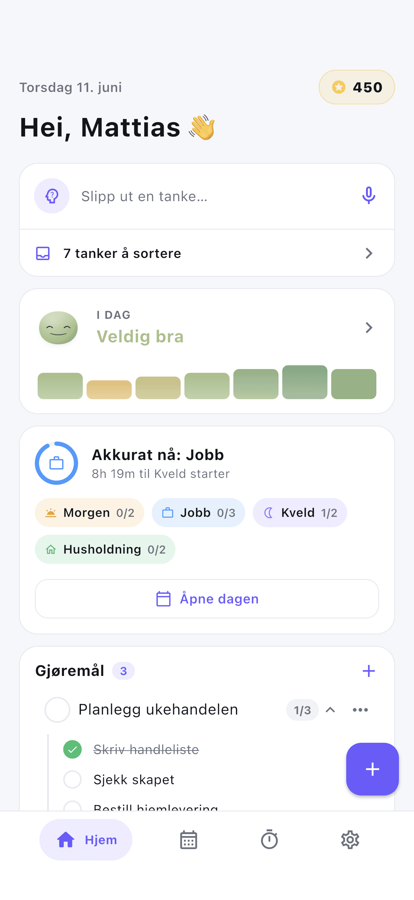 Stedo home screen for adults with ADHD, showing today's routines, mood and points.