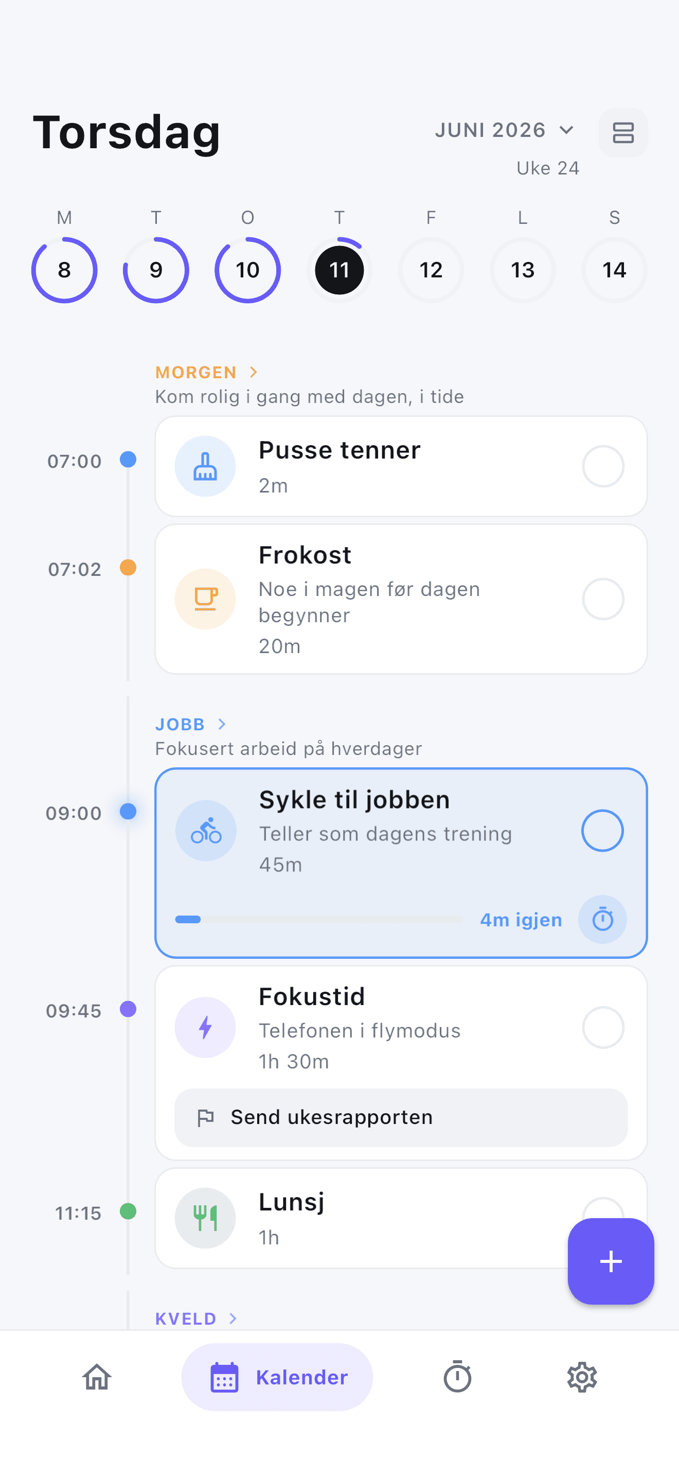 Stedo daily timeline with color-coded, time-blocked routines for a calmer day.