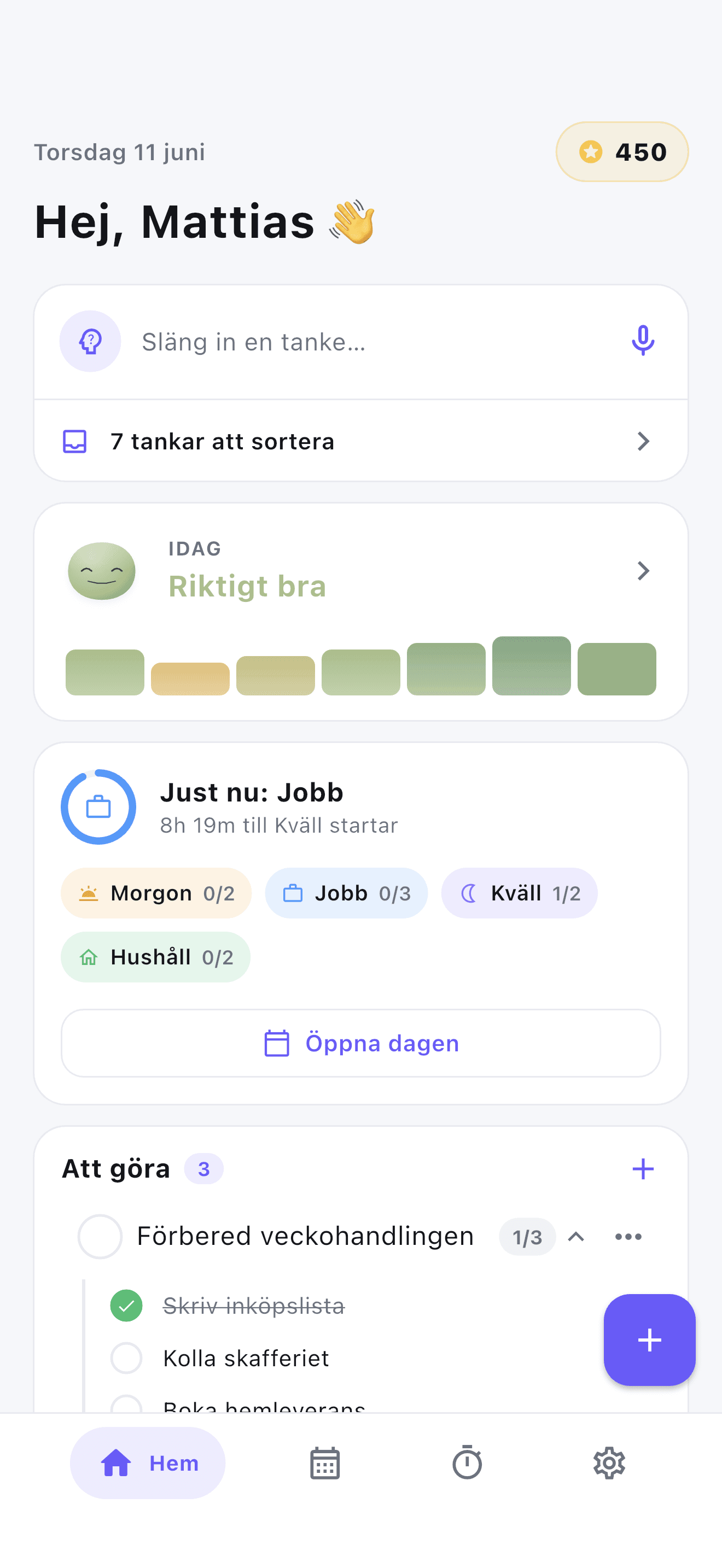 Stedo hemskärm för vuxna med ADHD – dagens rutiner, humör och poäng.