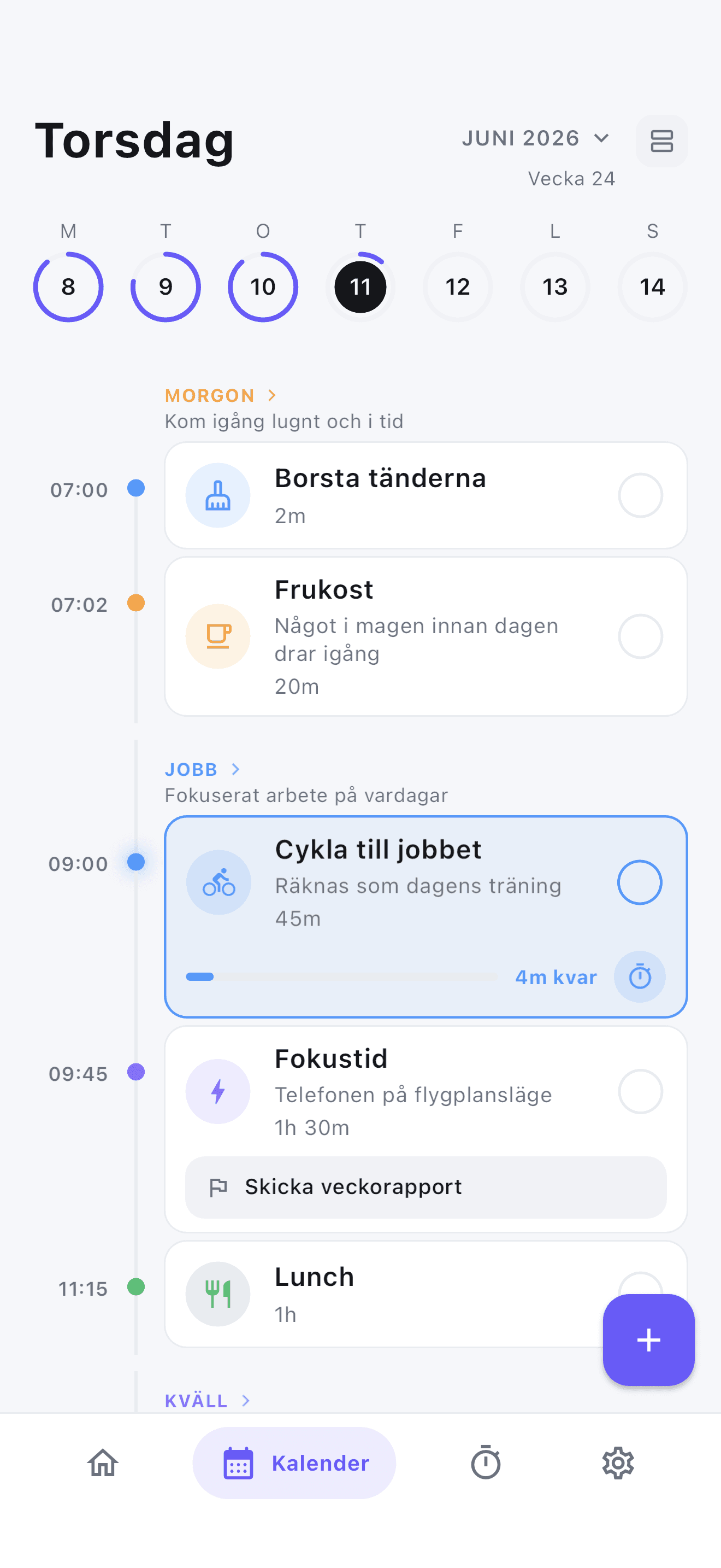 Stedo dagslinje med färgkodade, tidsblockade rutiner för en lugnare dag.