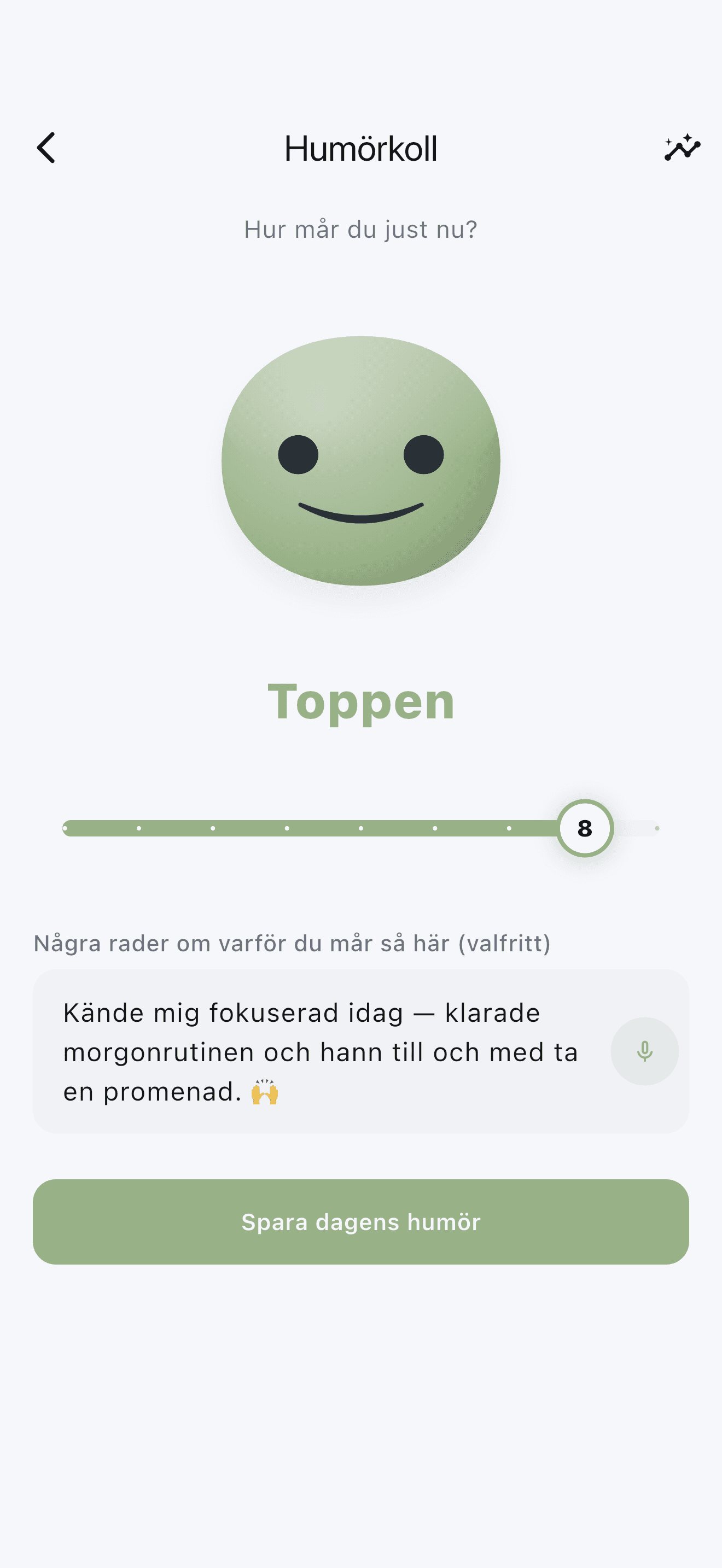 Stedo humörkoll med en vänlig maskot och en enkel 1–9-skala.