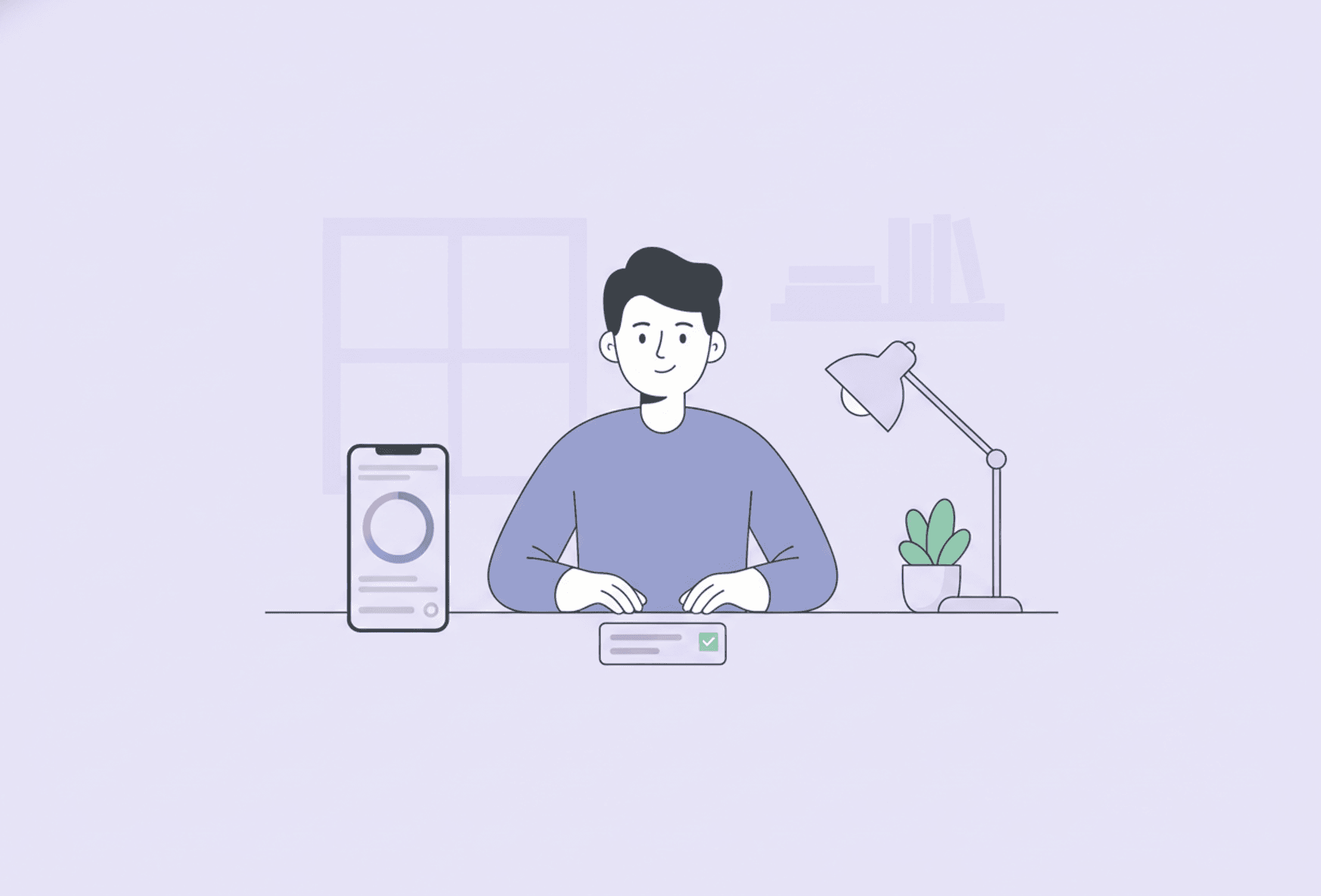 Illustration: a focused person at their desk with a countdown showing the time.