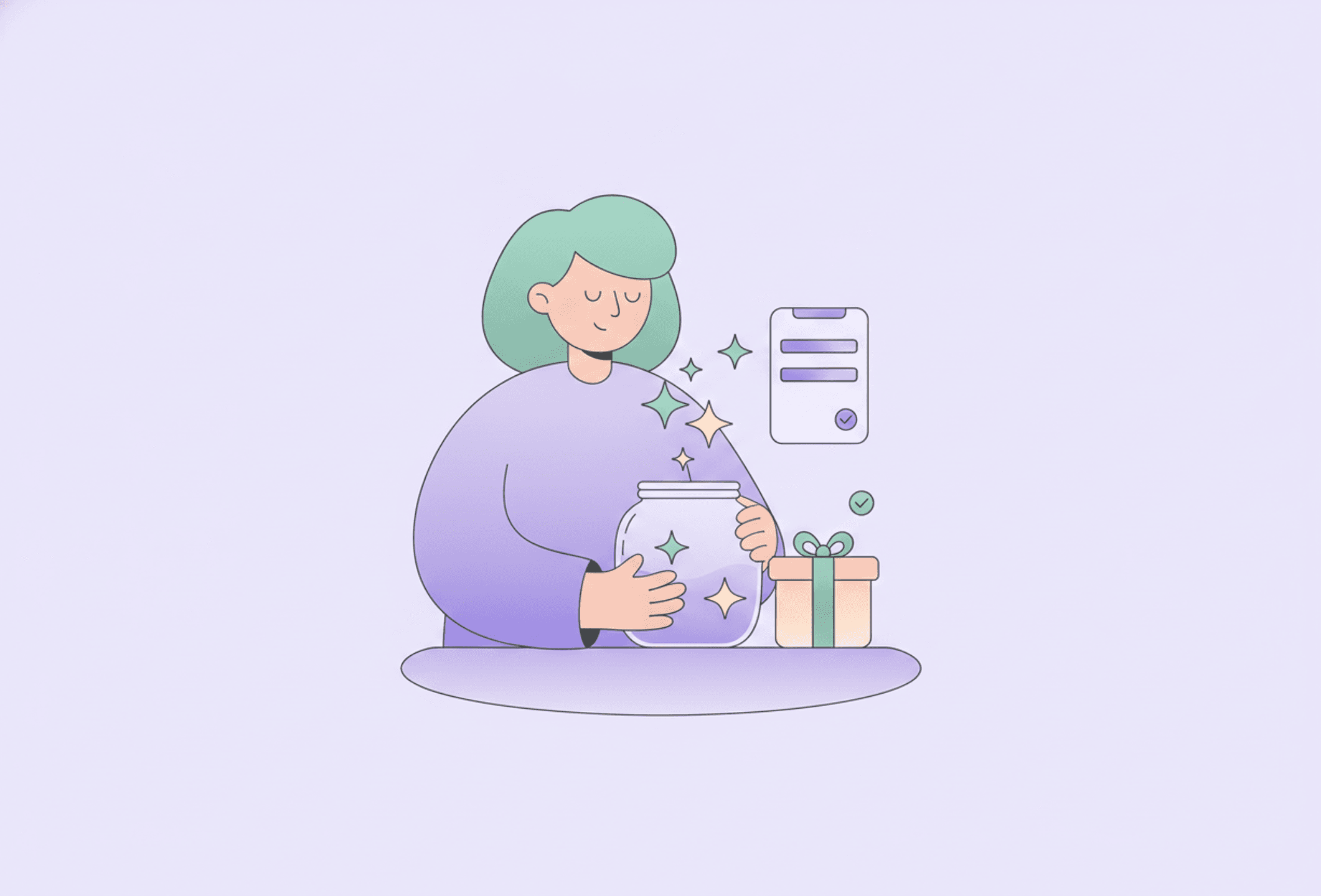 Illustration: a person collecting points in a jar while a self-chosen reward waits.
