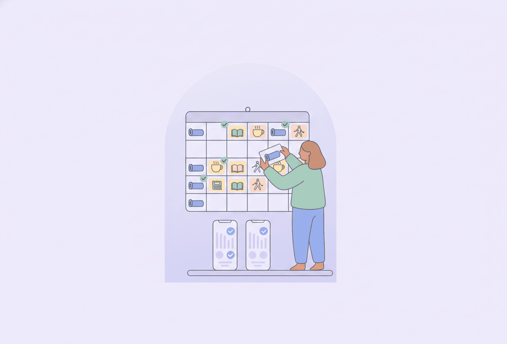 Illustration: a person placing the same routine cards into a recurring weekly structure.