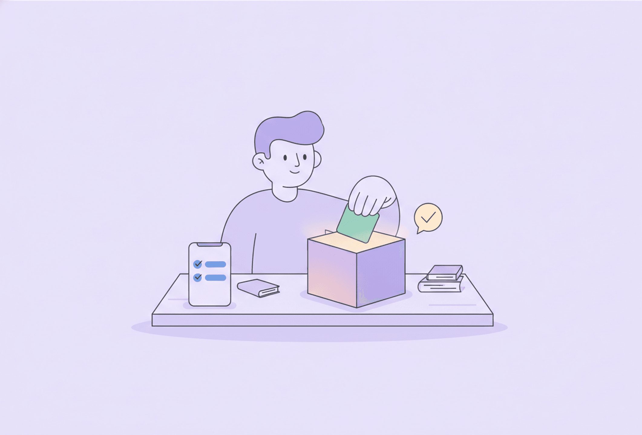 Une personne dépose calmement un mot dans une seule boîte ouverte et lumineuse sur un bureau bien rangé, tout rassemblé en un lieu sûr.