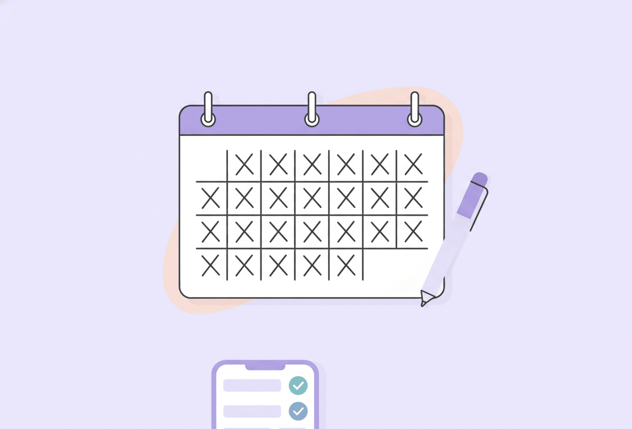 En papirvægkalender med en lang, ubrudt række håndtegnede X'er og en pen, der hviler roligt ved siden af.