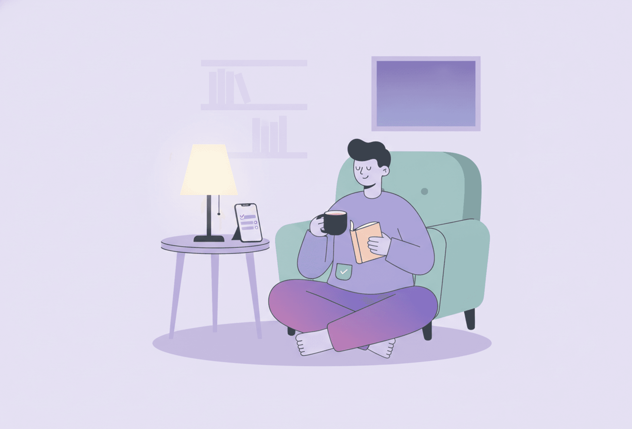 A calm person winds down in soft evening light with a dimmed lamp, a cup of tea and a book before bed.