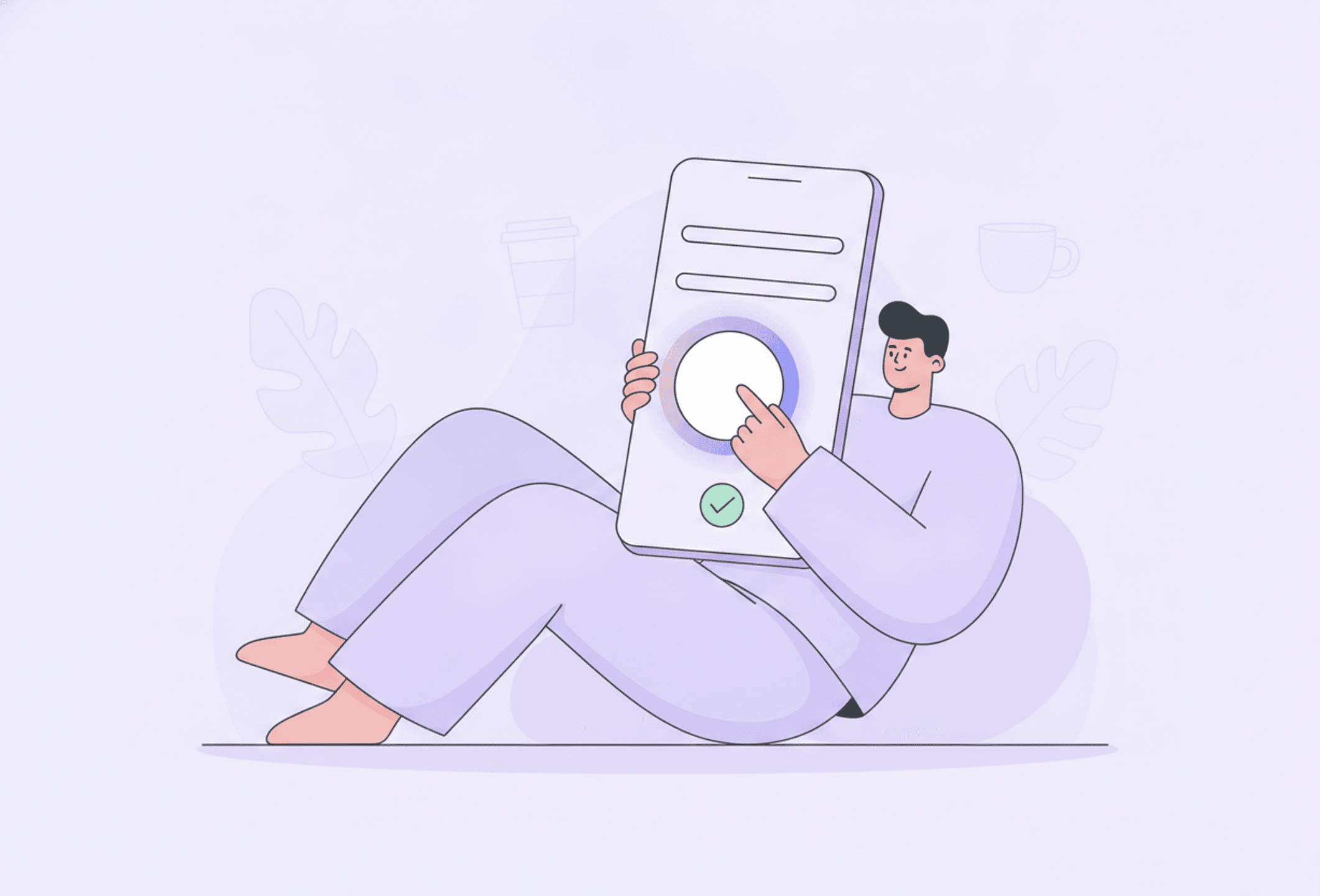 Illustration: a person pressing a large, friendly start button on their phone.