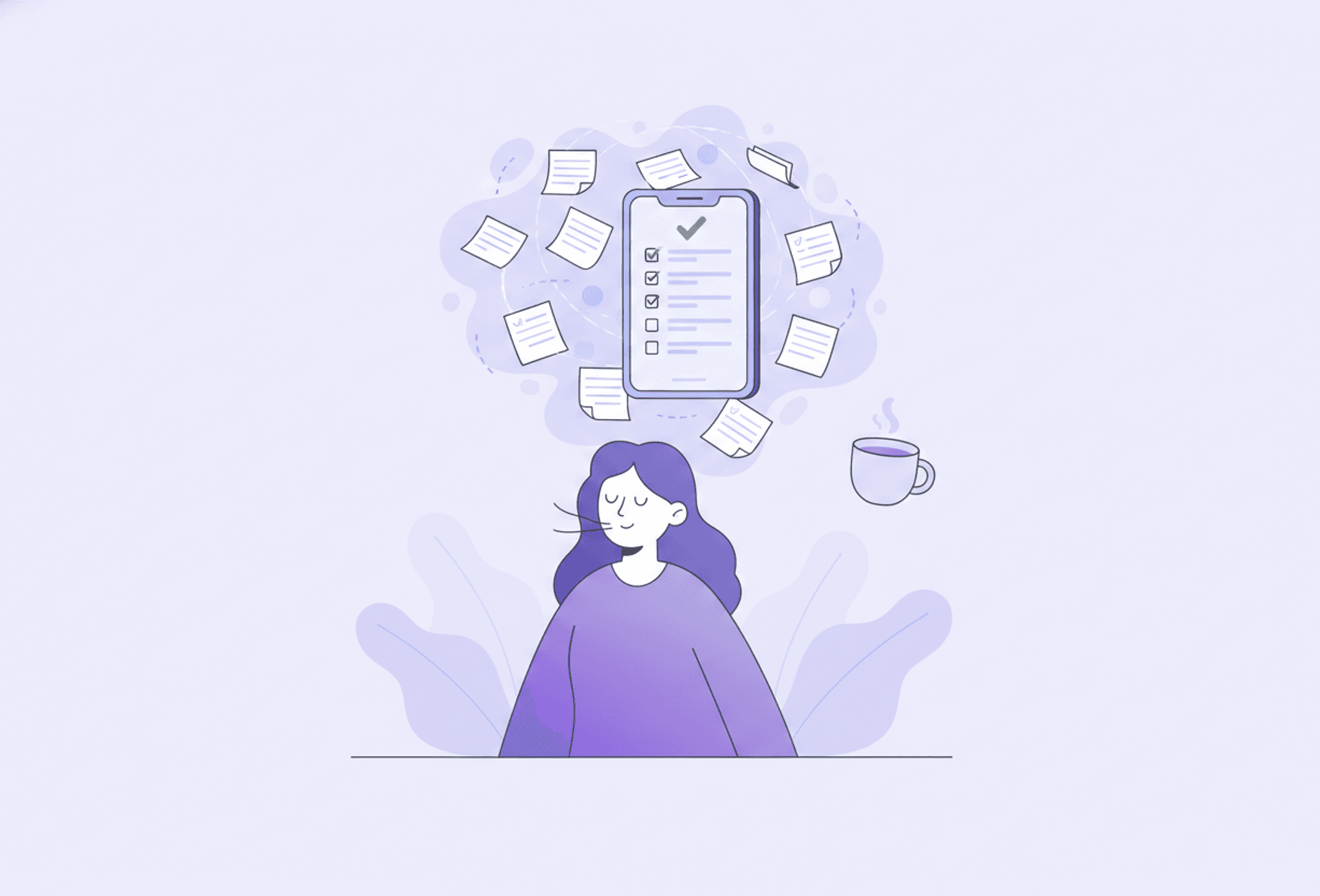 A calm person breathes out as a tangle of scattered task notes settles into one short, clear list.