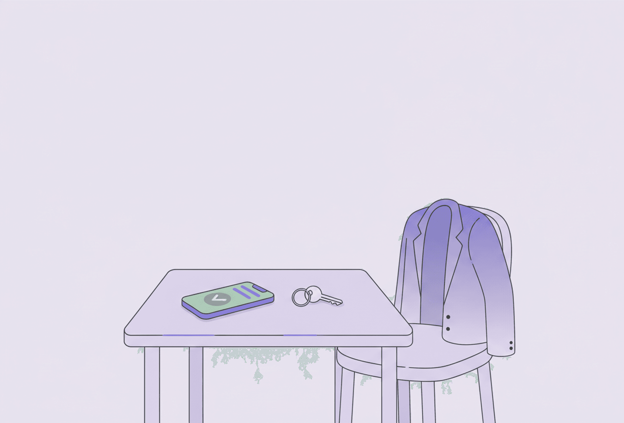 Un móvil sobre una mesa junto a unas llaves y una chaqueta en el respaldo de una silla, el momento tranquilo antes de salir.