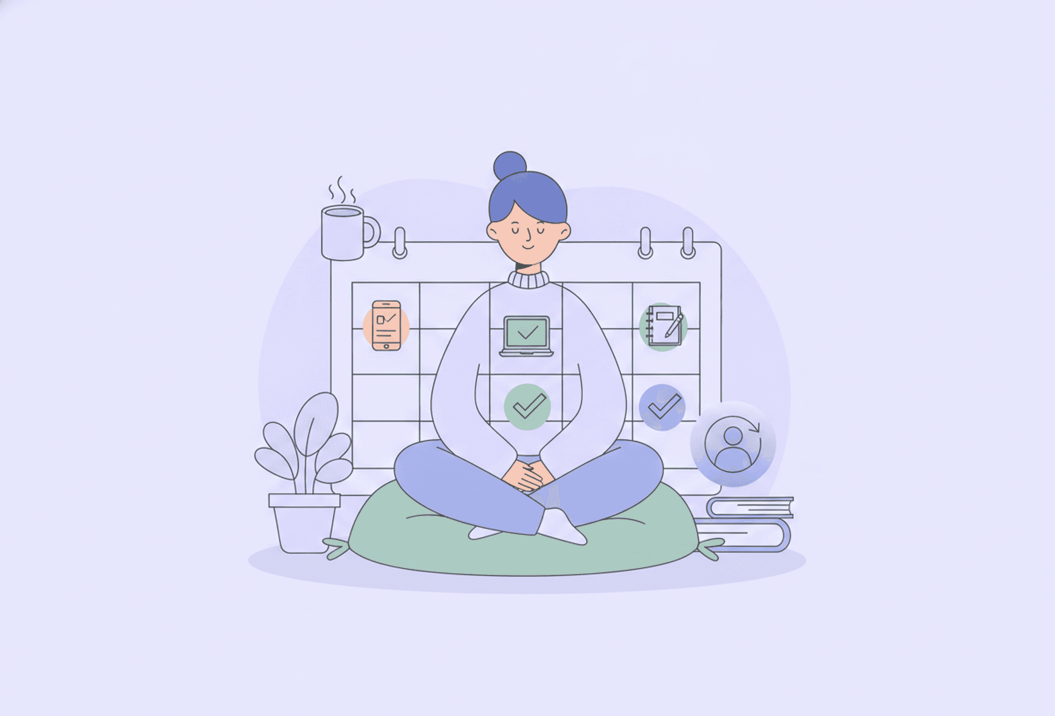 A calm person plans the week on a simple seven-day grid, marking three key priorities in a calm Sunday-reset mood.