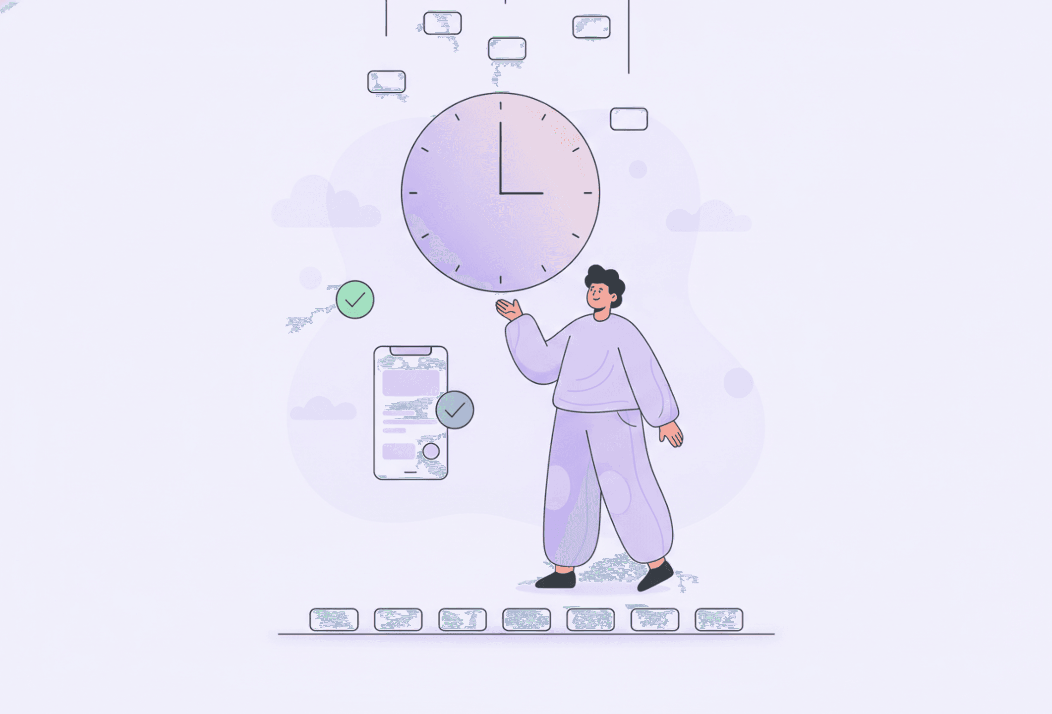 Illustration: a person watching loose blocks of time fall into a clear row beneath a large clock.