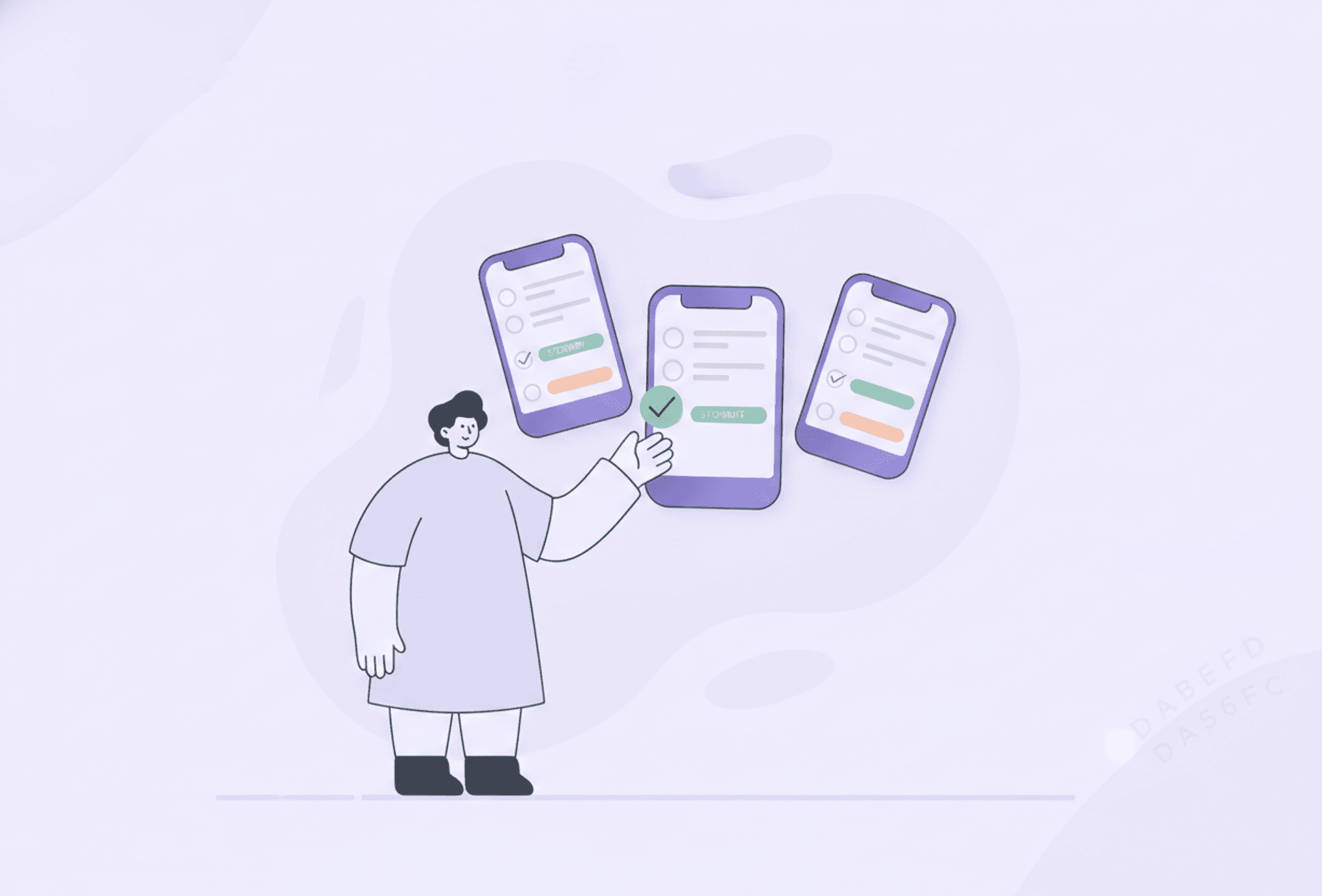 A calm person comparing a few abstract app mockups with checklists and gently choosing the one that fits best, marked with a soft checkmark.