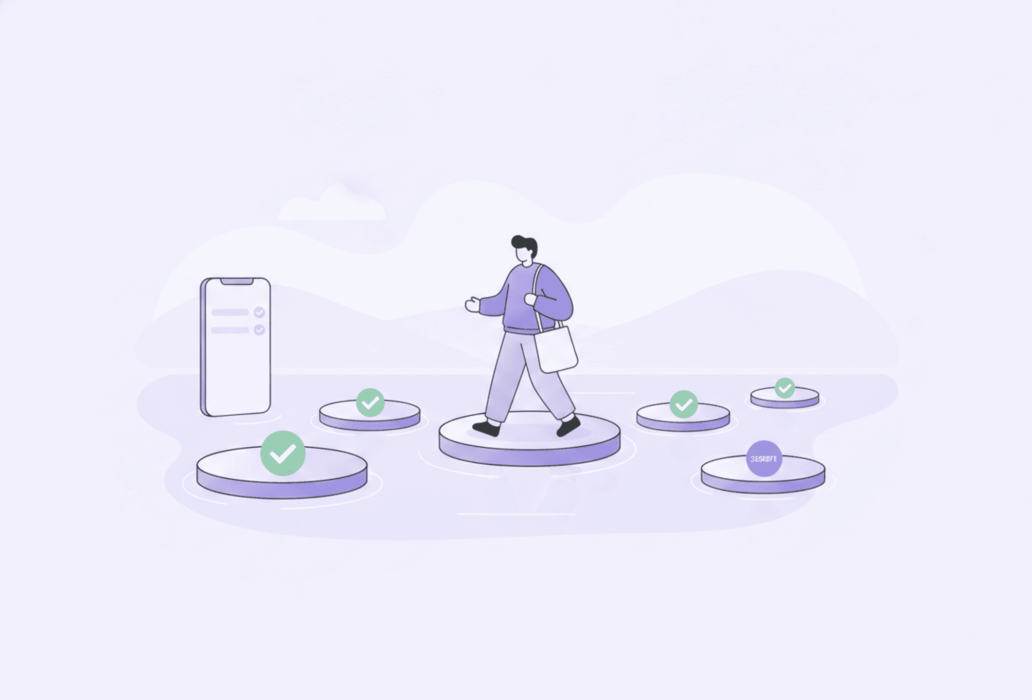 Illustration: a person moving forward step by step across checked-off stepping stones toward the goal.