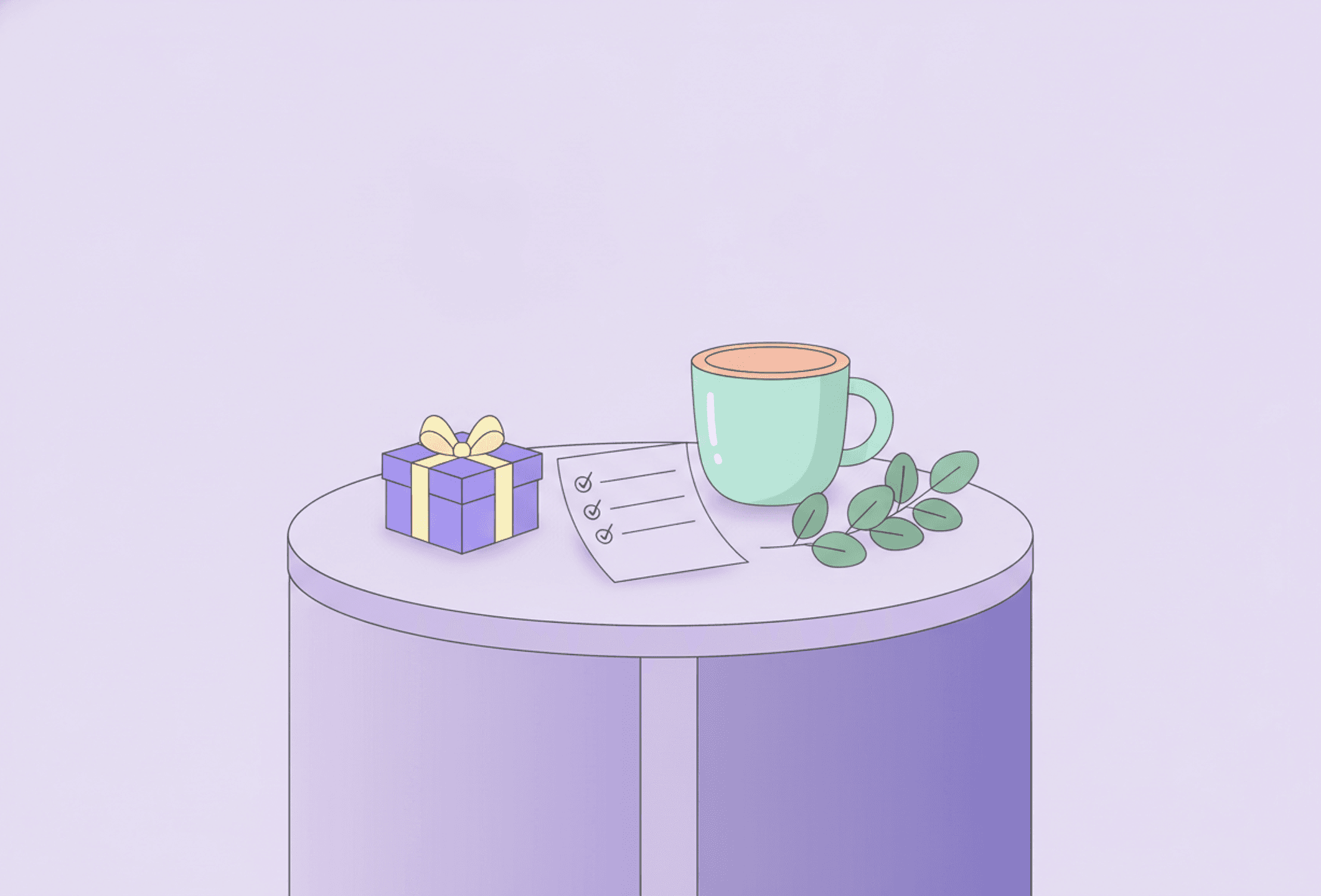 A side table with one small wrapped gift, a short list with blank lines, a mug and a sprig of greenery.
