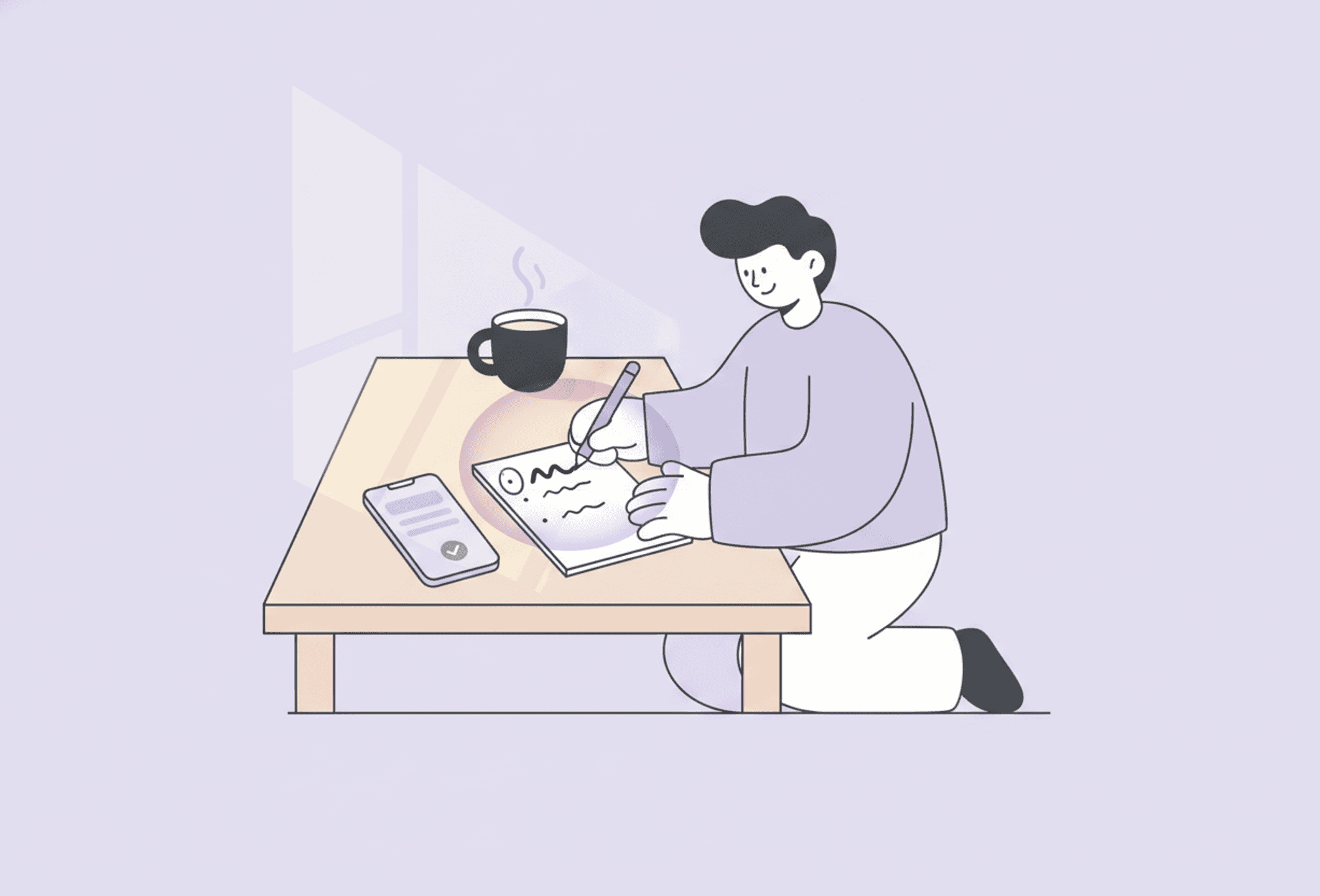 A person circling a single top item on a short handwritten list on a notepad in morning light.