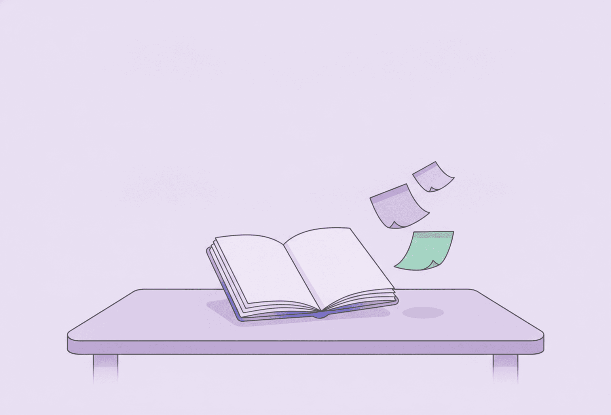 A small open notebook on a desk while a few blank sticky notes drift gently away on a breeze, in soft calm light.