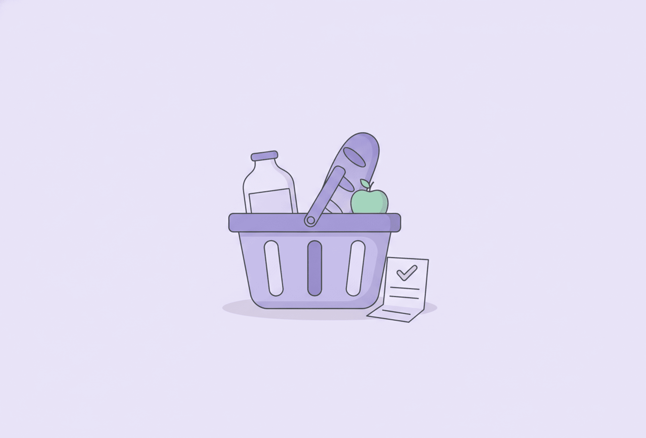 A shopping basket with a few groceries beside a small folded paper list, the calm version of a supermarket trip that goes to plan.