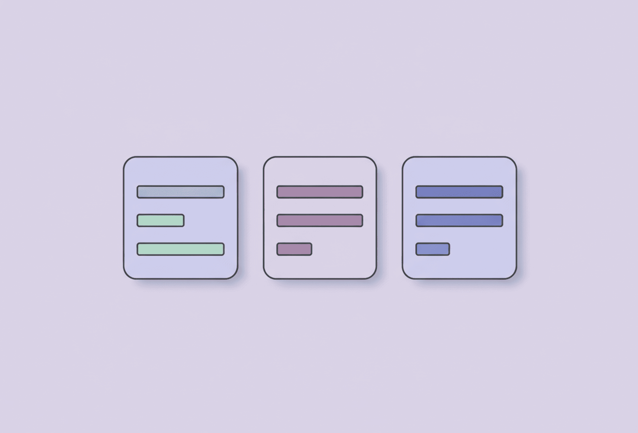 Three small cards standing in a row, each showing the same few blocks arranged in a different order - one plan per shape of day.
