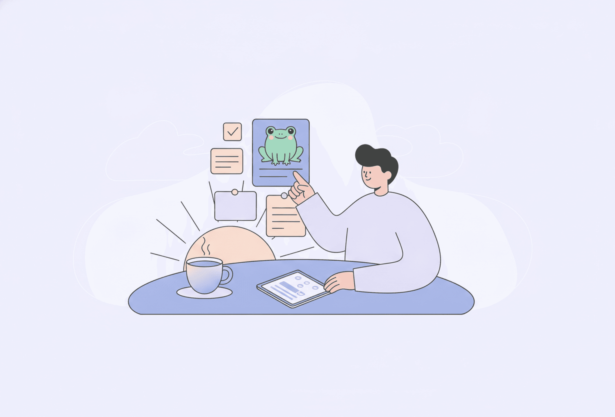 A calm person tackles the biggest, hardest task first in the morning light, with a small friendly frog on the top card.