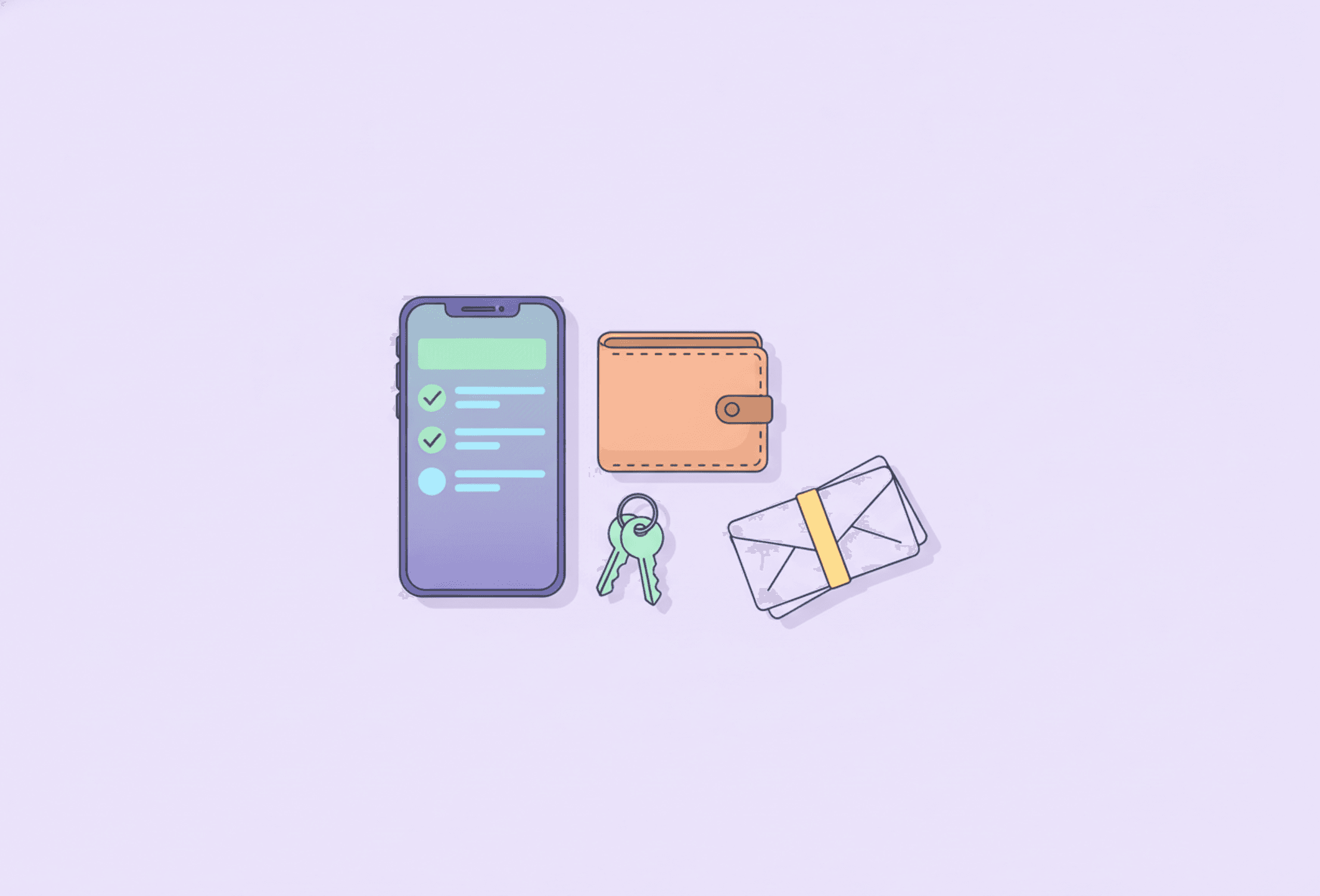 A desk corner where a phone, a wallet, keys and a small stack of envelopes are grouped into one neat cluster.