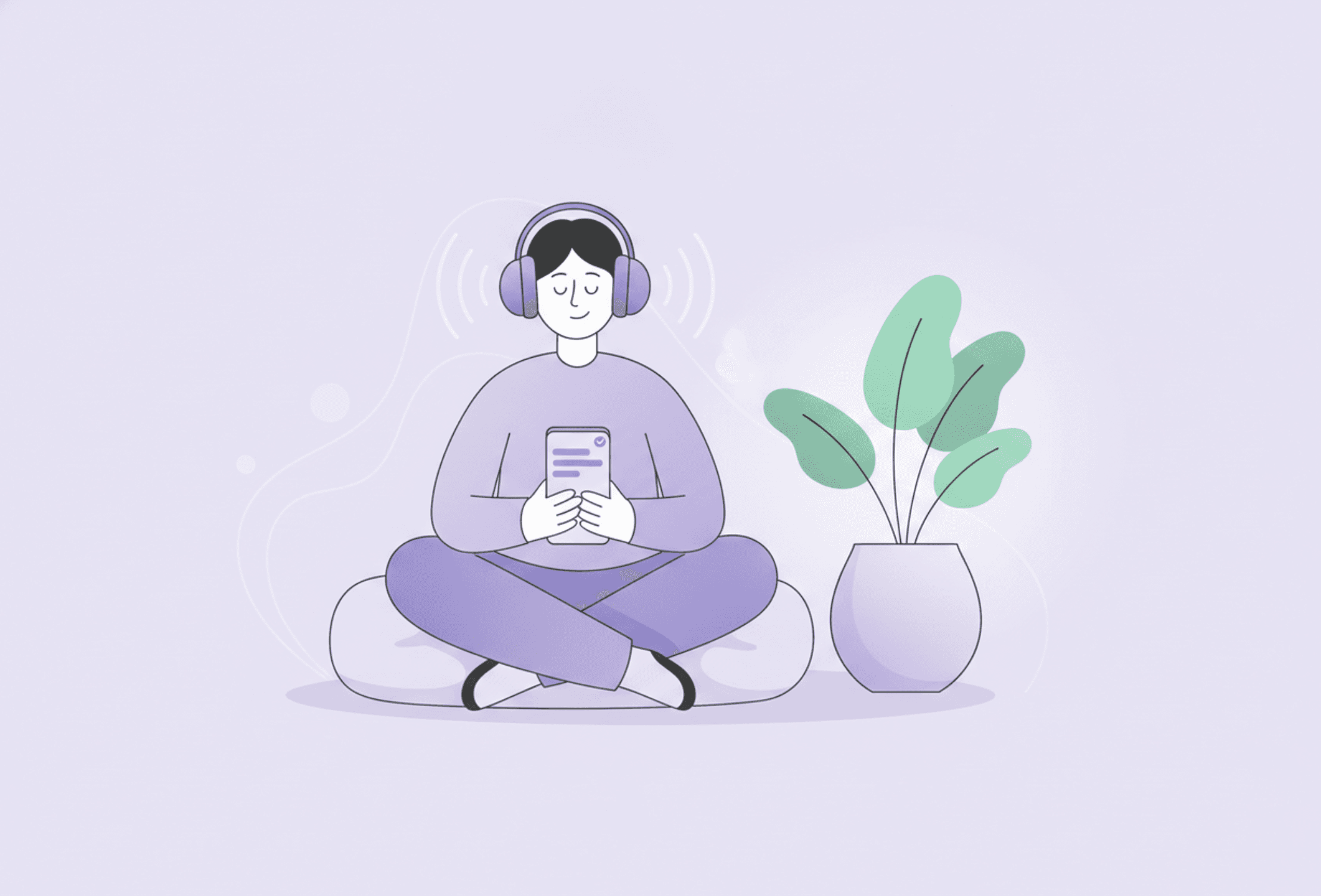 En person sidder roligt i et stille hjørne med hovedtelefoner på, ved siden af en plante i blødt lys, mens lydbølger toner ud omkring dem.
