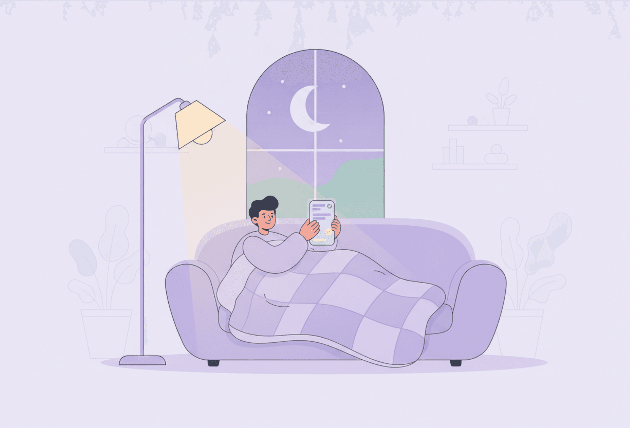 En koselig person under et pledd i sofaen i mykt lampelys, mobilen lyser, en månesigd synlig gjennom vinduet.