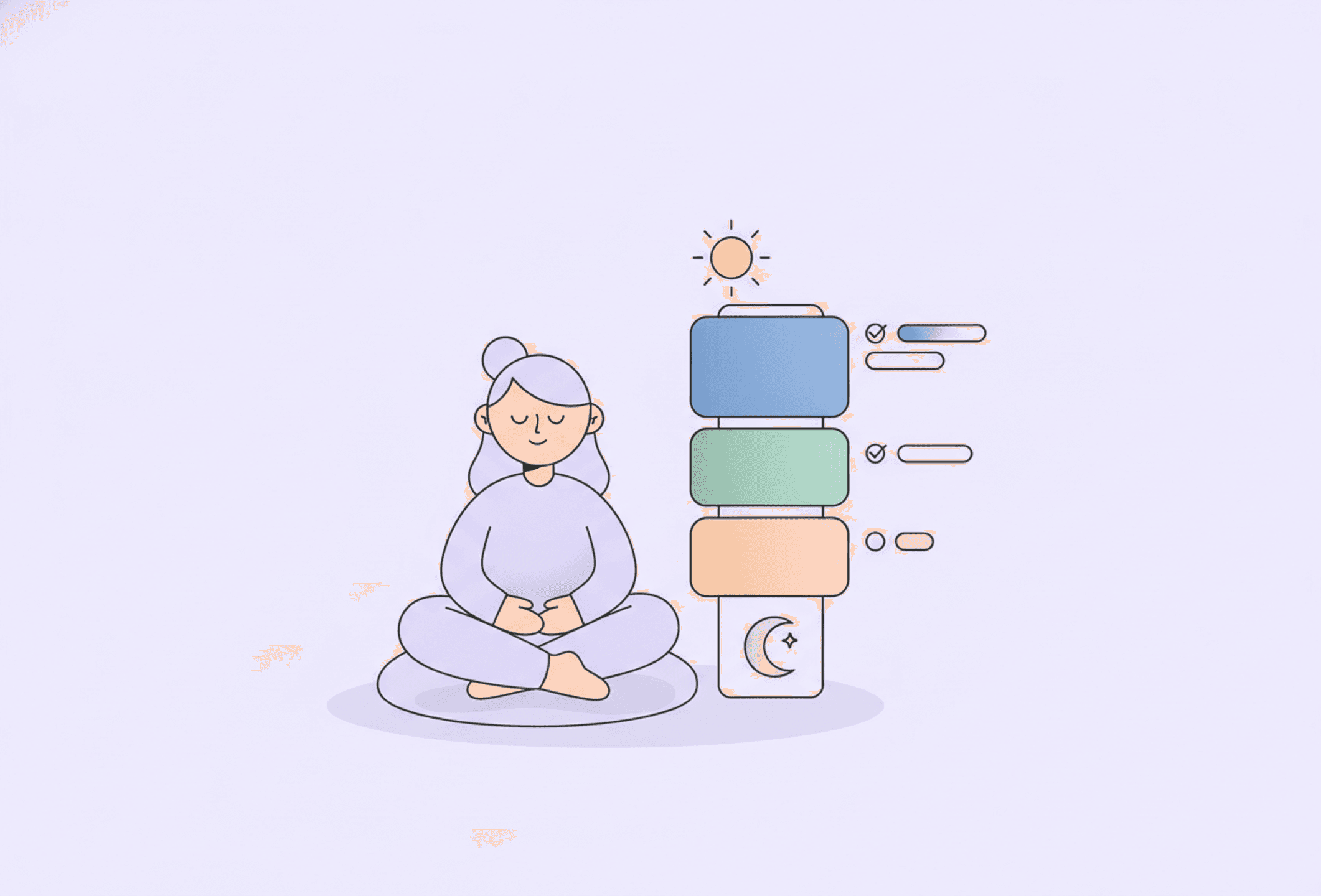 Illustration: a calm person beside a clear overview of the day, from morning to evening.