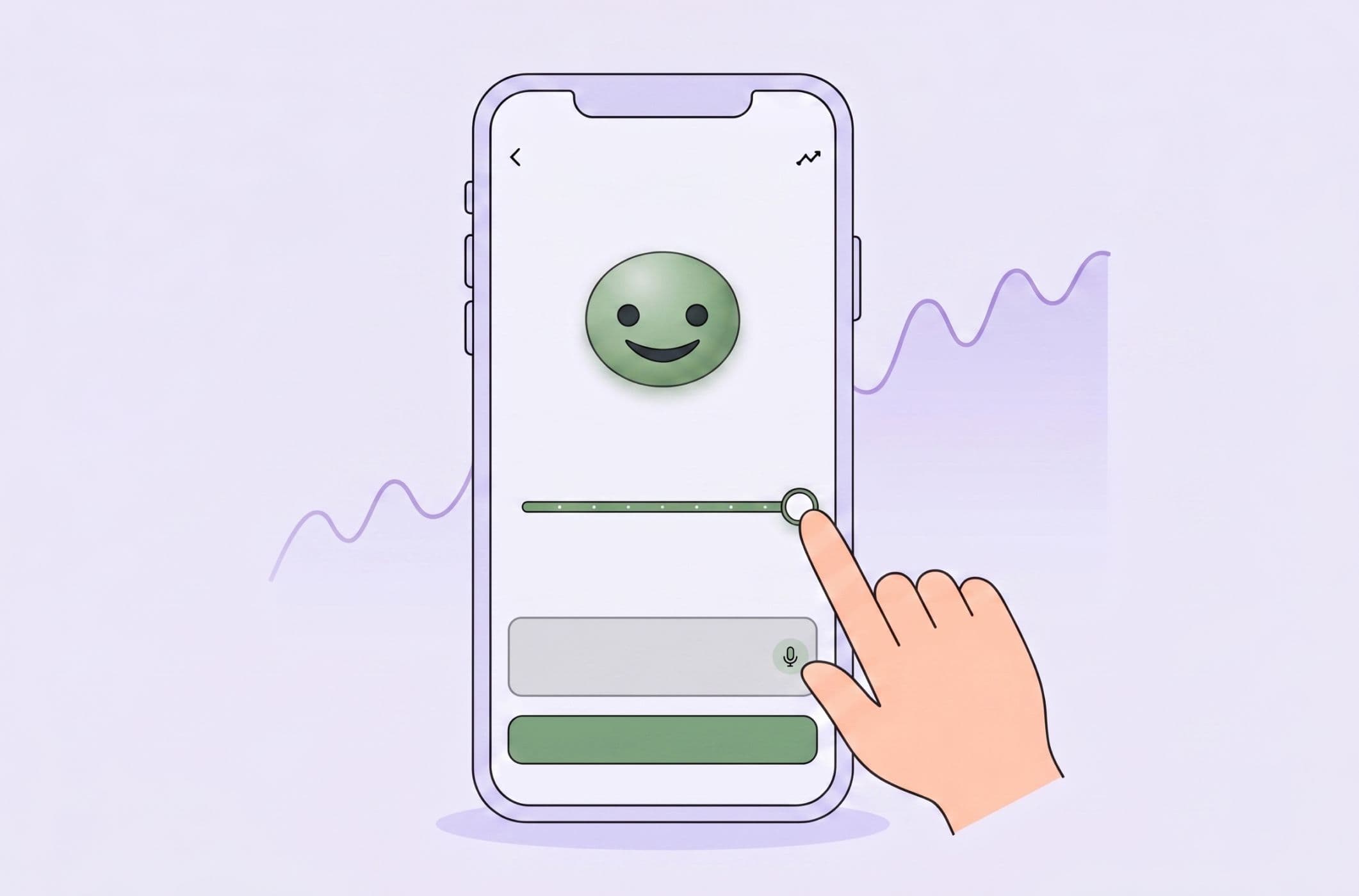 Illustration: a phone showing the mood check in Stedo — a large mood symbol, a scale for rating today's mood and a save button, with a soft trend line in the background.