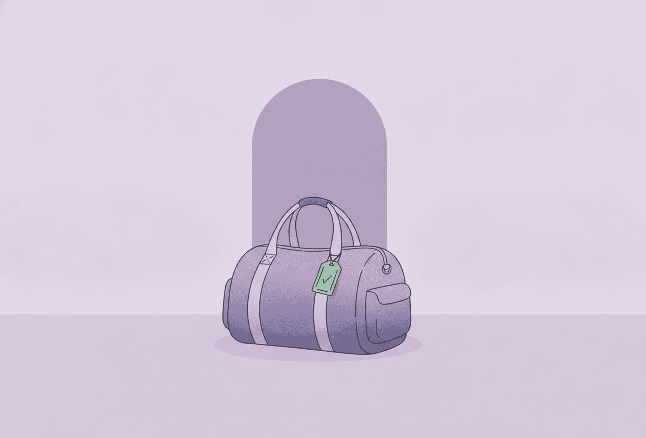 A small soft travel bag standing closed and alone by a plain doorway, the calm version of being packed the night before.